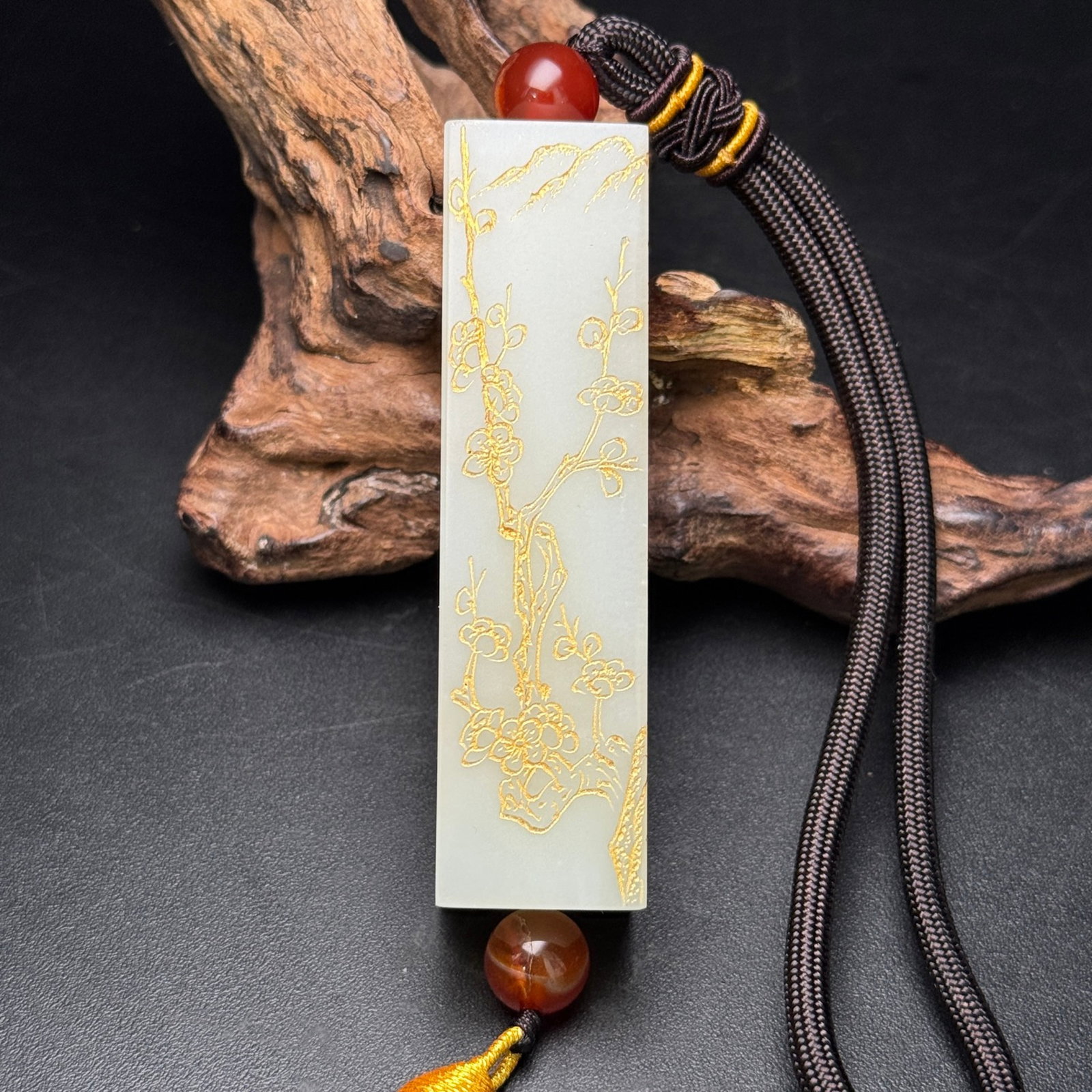 An Exquisite White Jade Plum Blossom,Orchid Bamboo and Chrysanthemum Pattern Pendant: An Exquisite White Jade Plum Blossom,Orchid Bamboo and Chrysanthemum Pattern Pendant,Qing Dynasty,China,Size:3.1inx0.8inx0.8in,Weight:107g 白玉梅兰竹菊纹ý