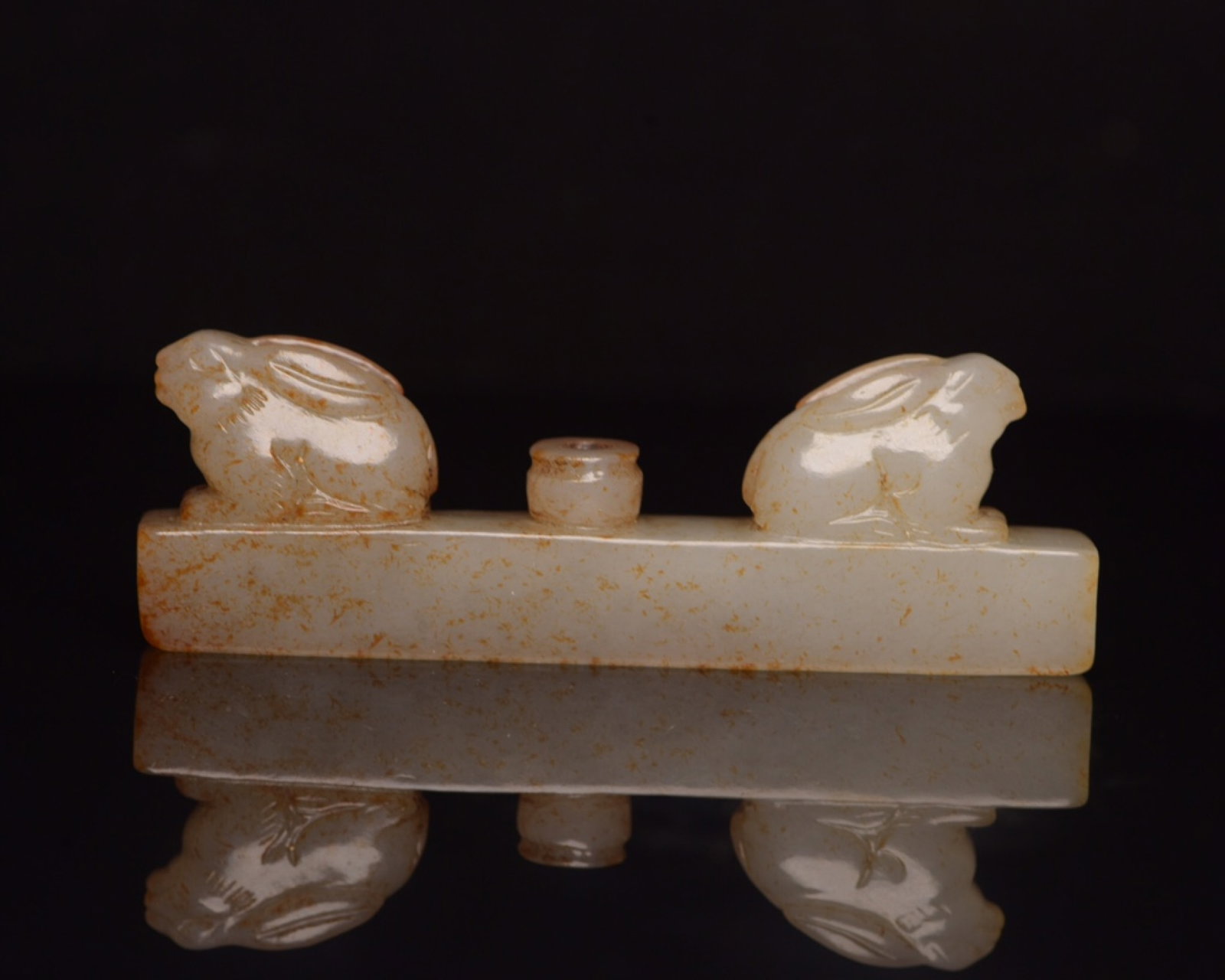An Exquisite White Jade Rabbit Pattern Incense holder: An Exquisite White Jade Rabbit Pattern Incense holder,Qing Dynasty,China,Size:3.6inx1.2inx0.5in,Weight:69g 白玉兔纹香插,中国清代