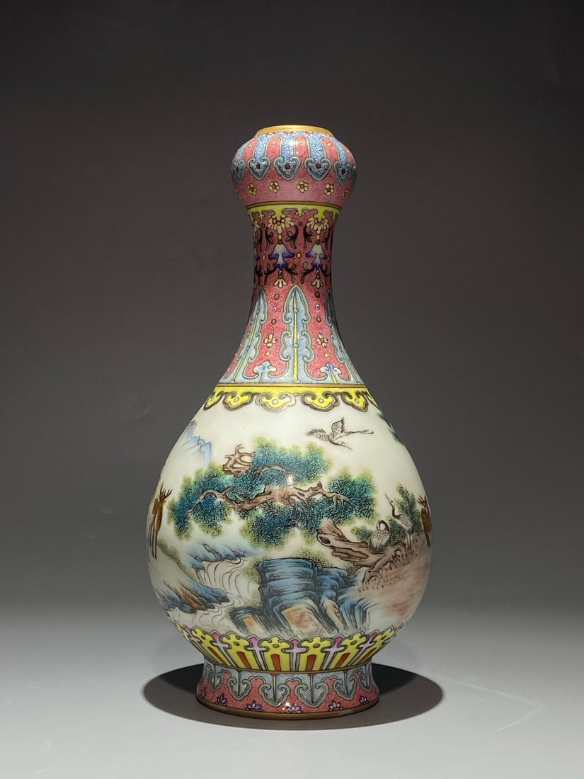 An Exquisite Famille-Rose Painted Gold Pine,Deer and Crane Pattern Vase: An Exquisite Famille-Rose Painted Gold Pine,Deer and Crane Pattern Vase,Qing Dynasty,China,Qianlong Six-character Mark,Size:11inx5.5in 粉彩描金松鹿鹤纹&