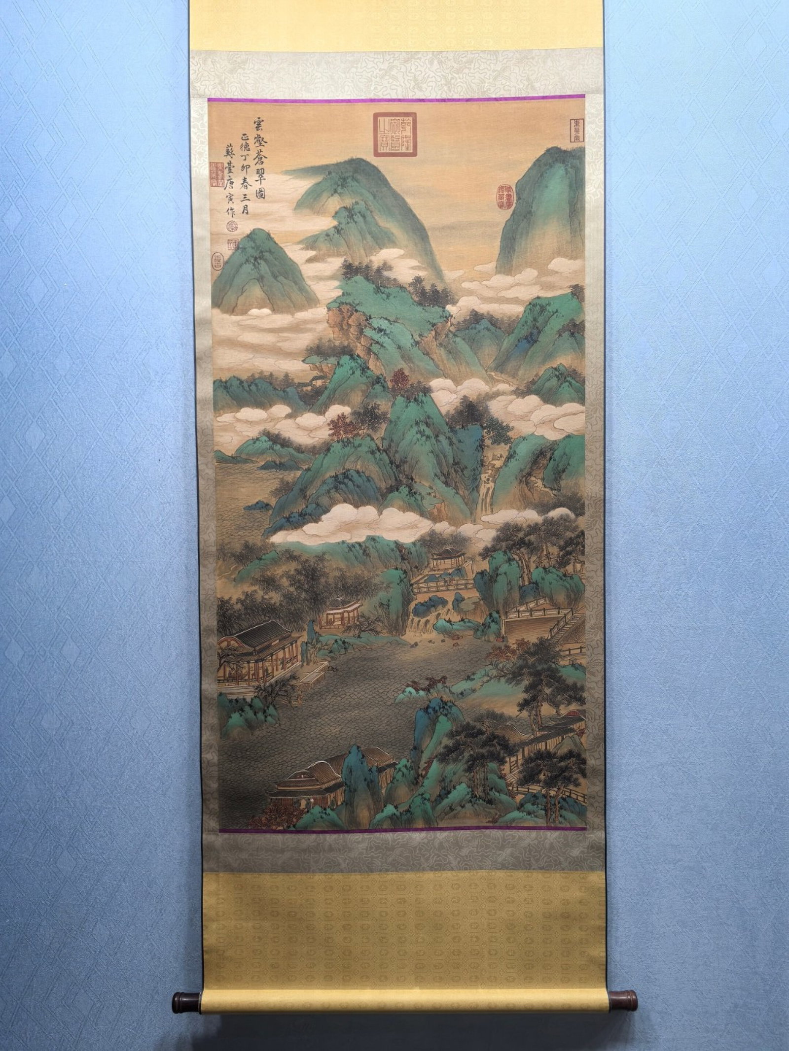 A Chinese Vertical Scroll Ink Painting of Landscape on Silk: A Chinese Vertical Scroll Ink Painting of Landscape on Silk,Tang Yin,Size:26.8inx52.3in