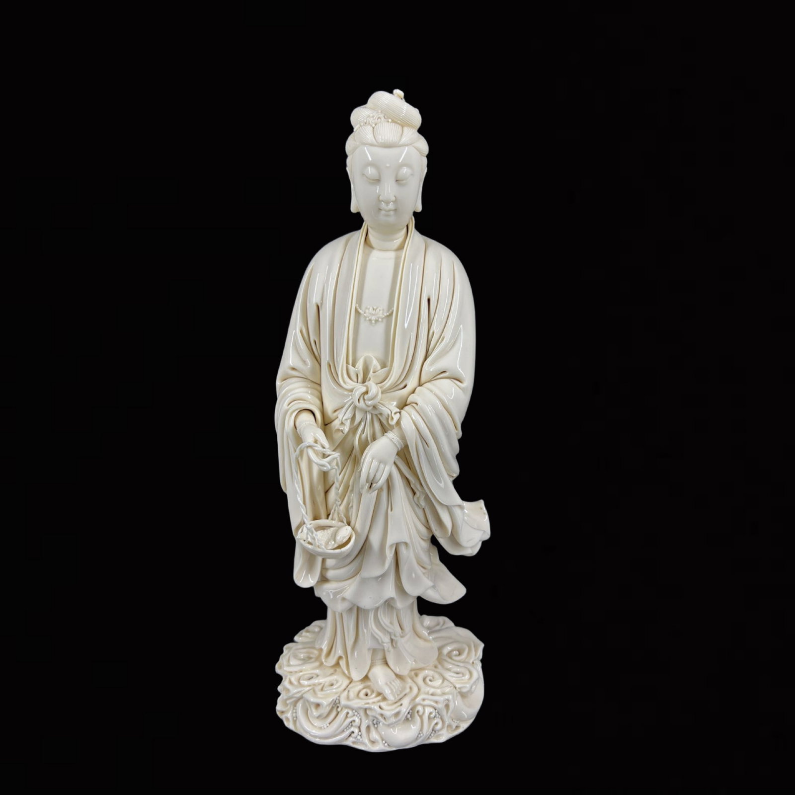 A Solemn Blance-De-Chine Statue of Avalokitesvara: A Solemn Blance-De-Chine Statue of Avalokitesvara,Ming Dynasty,China,He Chaozong Mark,Size:20.9in 德化瓷观音像,中国明代,何朝