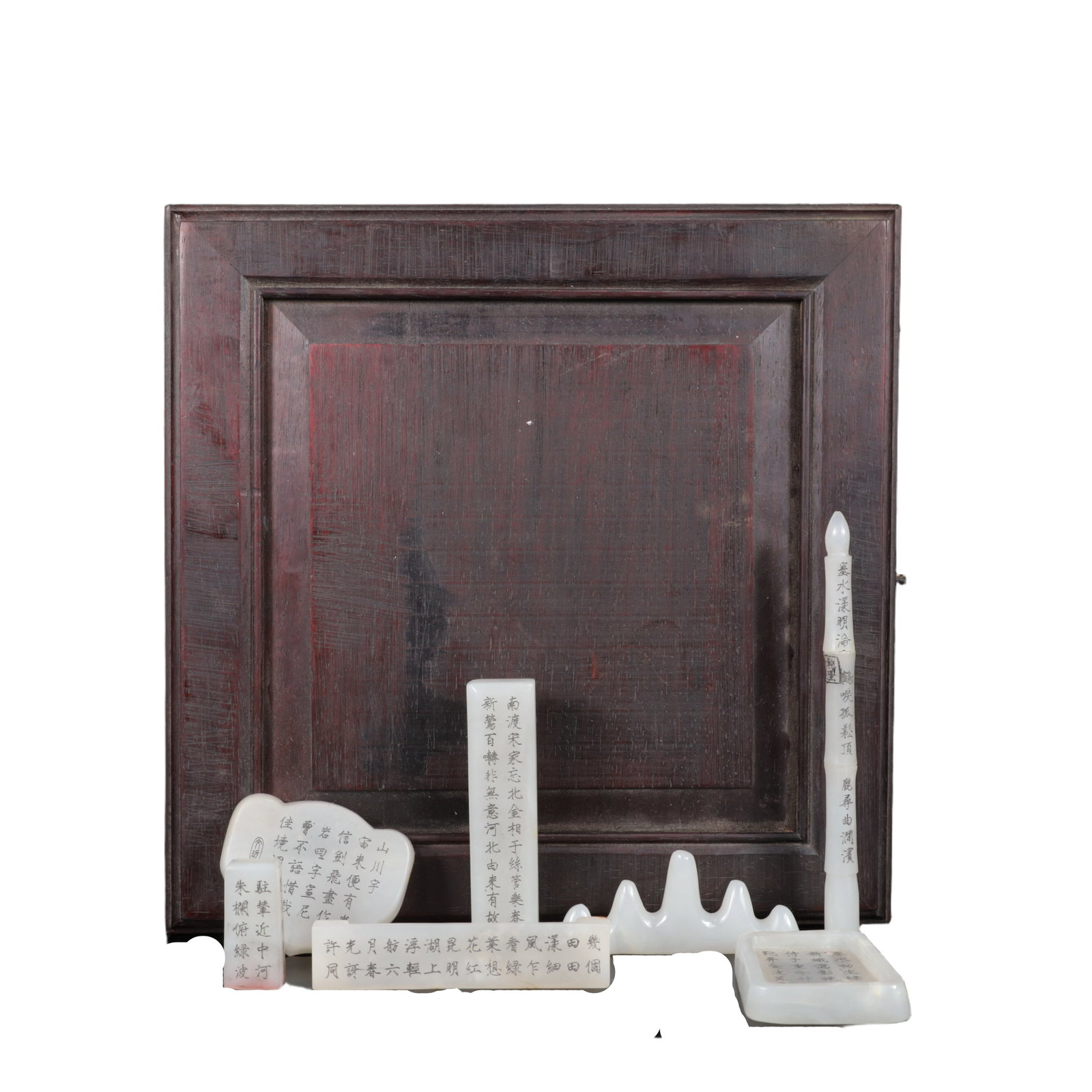 A Set of Fine White Jade Poem Ornaments: A Set of Fine White Jade Poem Ornaments,Qing Dynasty,China,With Mark,Size:(Paper Weight)3.9inx1inx0.6in,(Box)11inx5.1in 一套白玉诗文摆件,中国