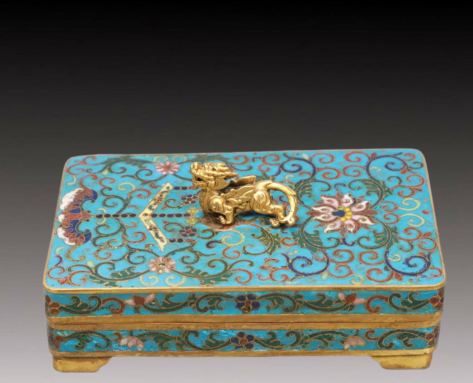 An Exquisite Cloisonne Lotus Pattern Inkstone: An Exquisite Cloisonne Lotus Pattern Inkstone,Qing Dynasty, China,Qianlong Four-character Mark,Size:6.3inx3.9inx2.8in,Weight:1300g