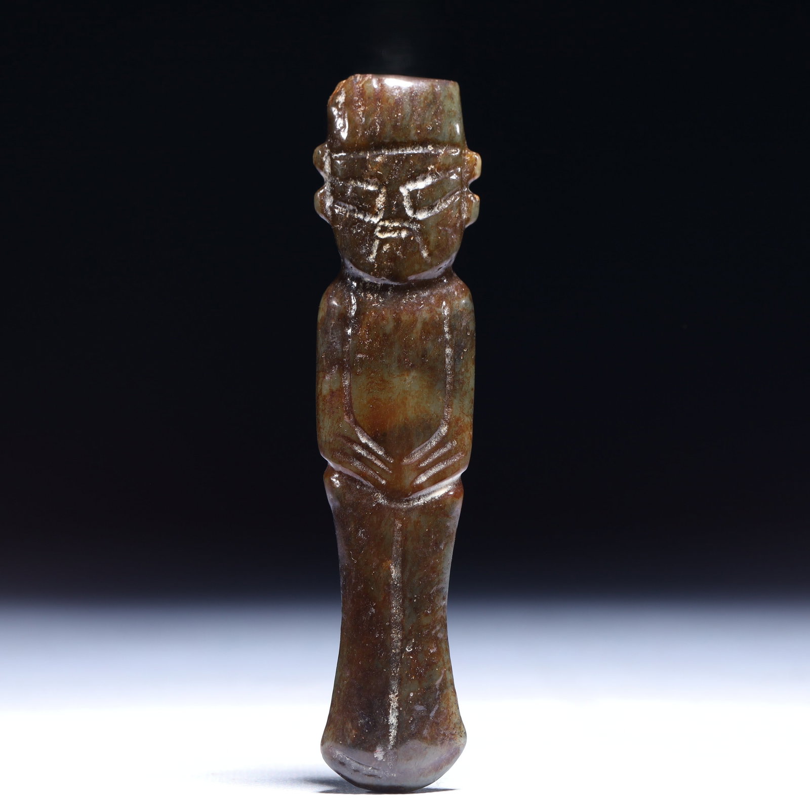 An Archaic Hongshan Culture Greenish Jade Figure Pendant: An Archaic Hongshan Culture Greenish Jade Figure Pendant,Ancient Time,China,Size:1inx0.4inx4.3in,Weight:51g 红山文化青白玉人物挂件,