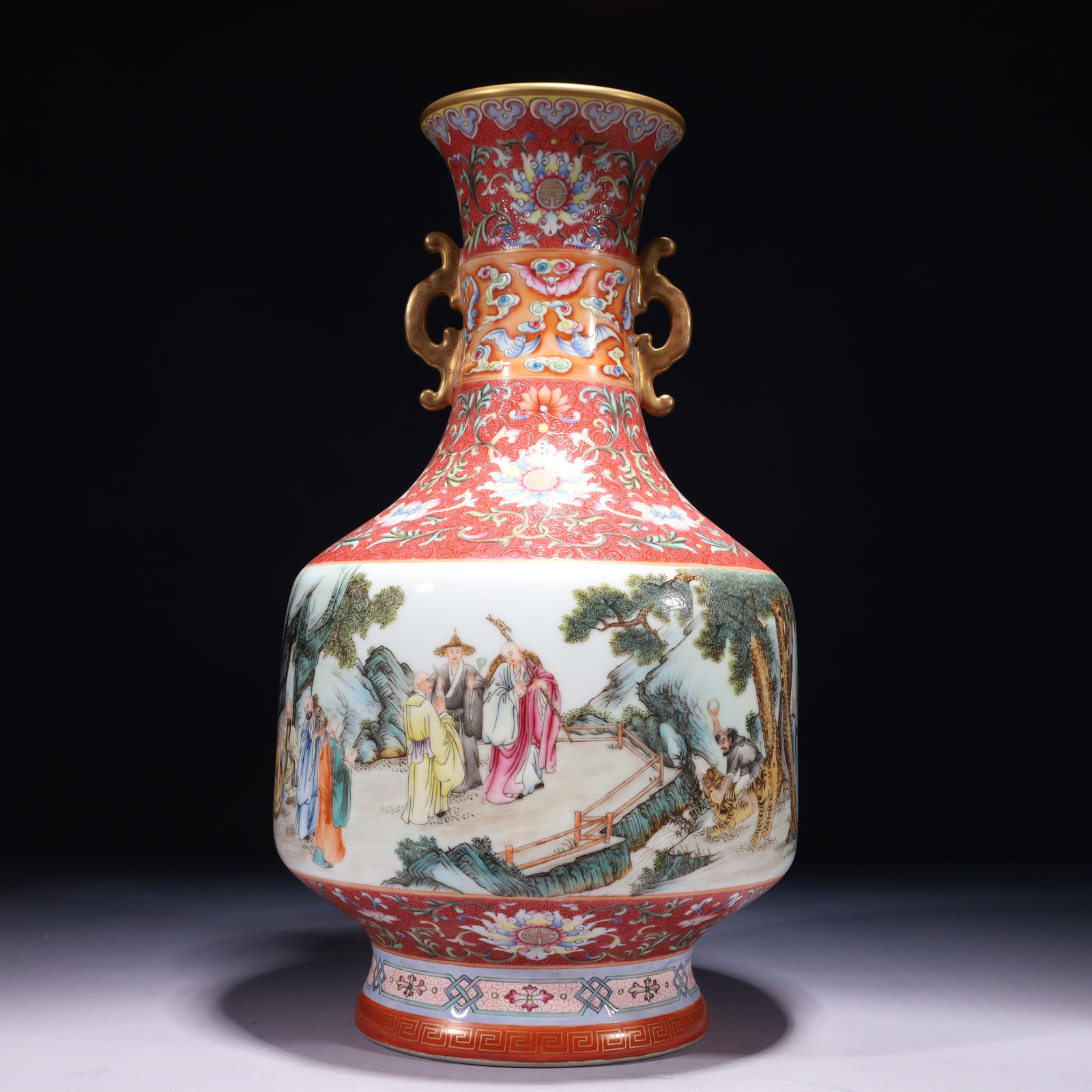 An Exquisite Ruby Red-Glazed Famille-Rose Painted Gold Landscape and Figure Pattern Double-Ears Vase: An Exquisite Ruby Red-Glazed Famille-Rose Painted Gold Landscape and Figure Pattern Double-Ears Vase,Qing Dynasty,China,Qianlong Four-character Mark,Size:7.9inx15.4in,Weight:4600g 胭脂 