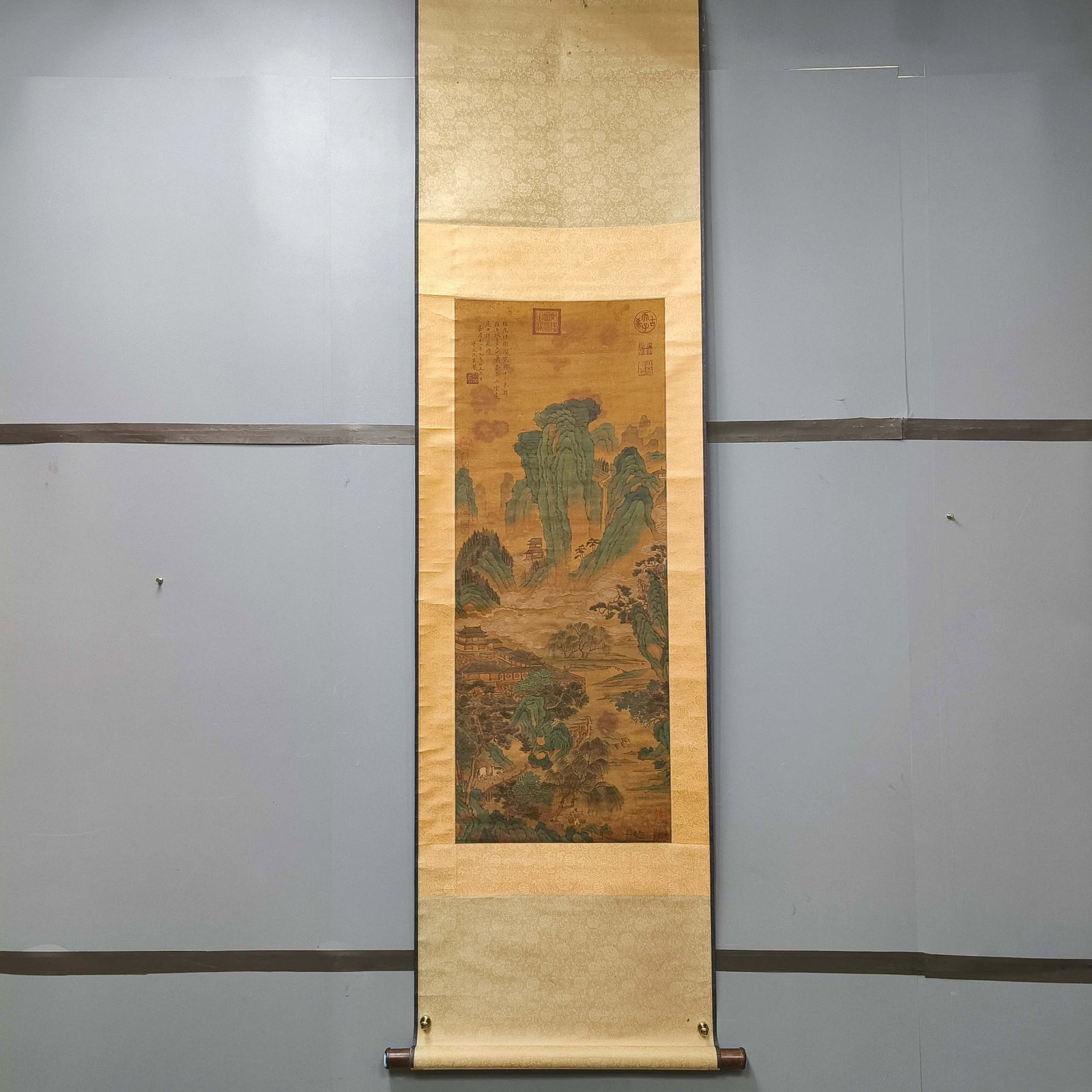 A Chinese Vertical Scroll Ink Painting of Landscape on Paper: A Chinese Vertical Scroll Ink Painting of Landscape on Paper,Chou Ying,Size:41.3inx16.1in 一幅中国水墨山水画立轴,仇英