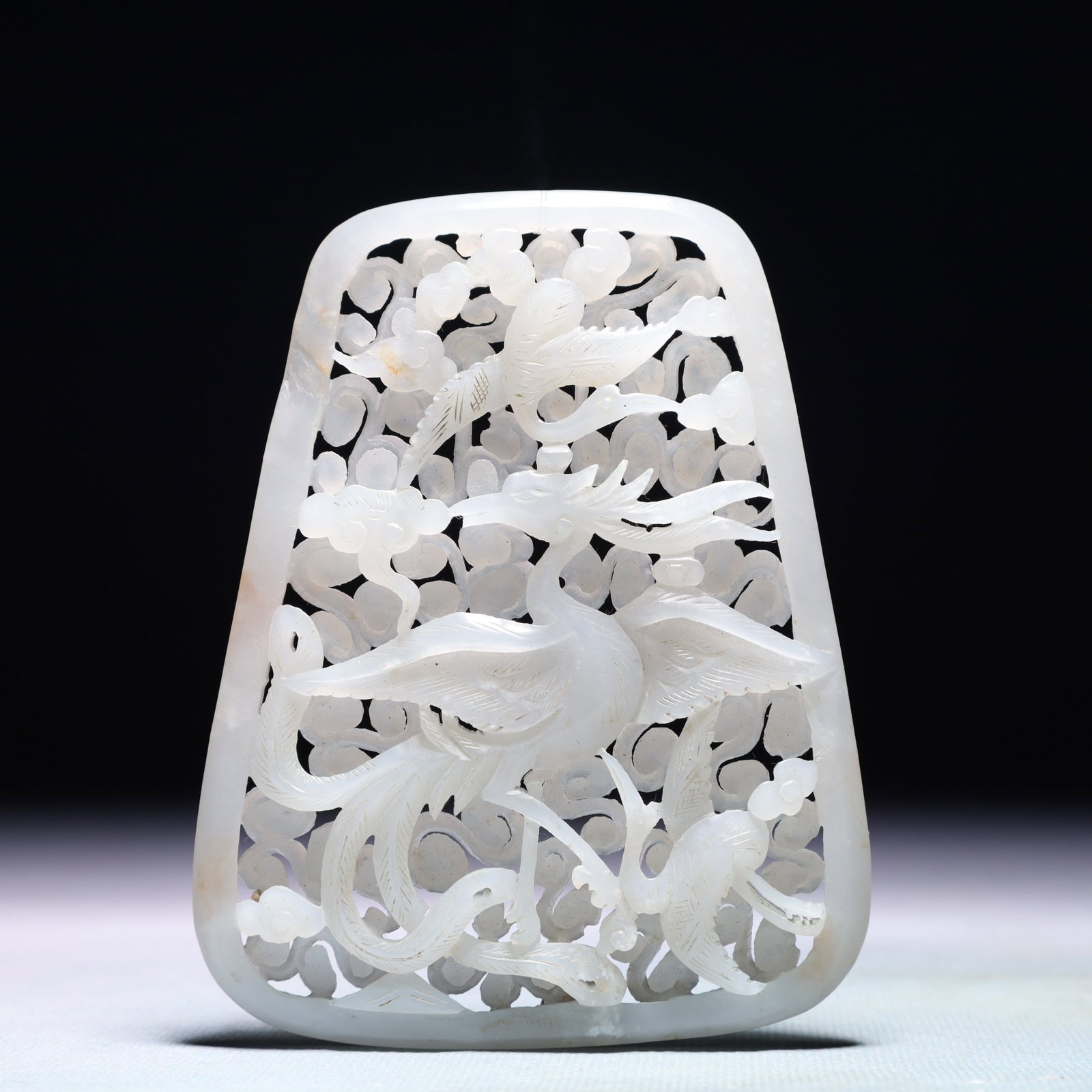 An Exquisite White Jade Auspicious Cloud and Phoenix Pattern Pendant: An Exquisite White Jade Auspicious Cloud and Phoenix Pattern Pendant,Qing Dynasty,China,Size:3.3inx4.3in,Weight:112g