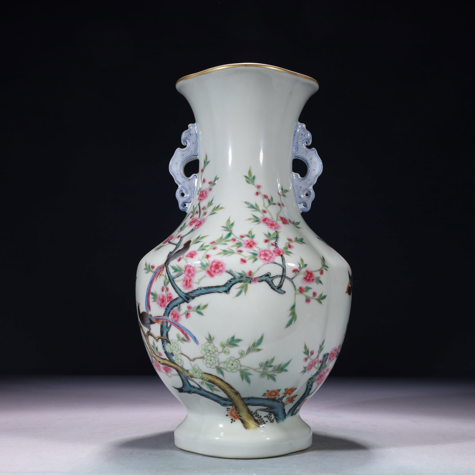 An Exquisite Enamel Painted Gold Flower and Bird Pattern Double-Ears Vase: An Exquisite Enamel Painted Gold Flower and Bird Pattern Double-Ears Vase,Qing Dynasty,China,Qianlong Six-character Mark,Size:7.9inx7.1inx14.6in,Weight:3700g 珐琅彩描金&#