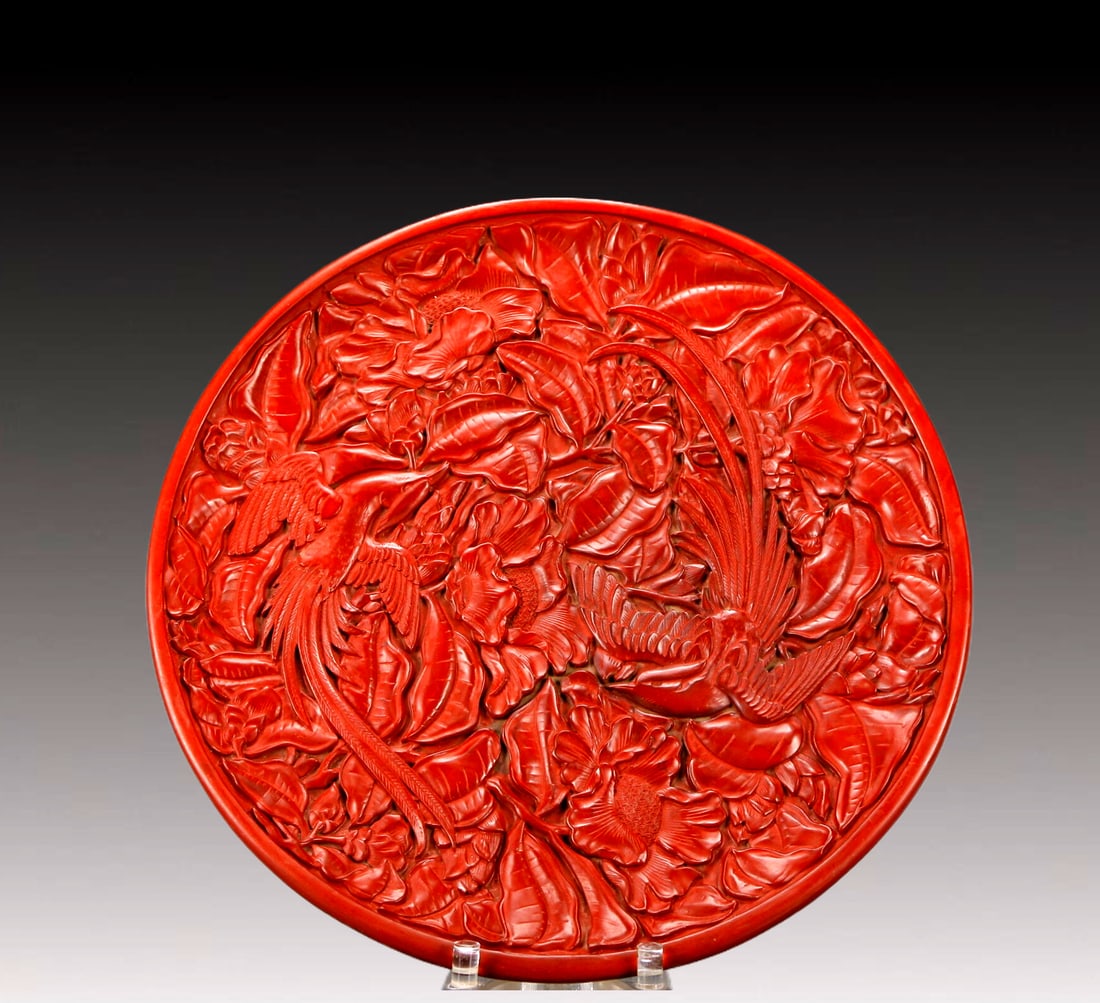 A Rare Carved Red Lacquer Flower and Bird Pattern Plate: A Rare Carved Red Lacquer Flower and Bird Pattern Plate,with an Imperial Poem by Emperor Qianlong,Qing Dynasty, China,Size:Diameter13.8in,Weight:1450g 剔红漆花鸟纹&