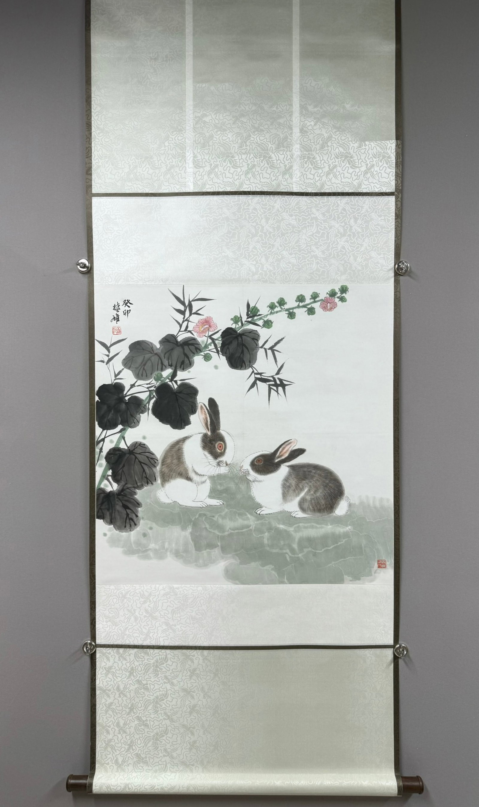 A Chinese Vertical Scroll Ink Painting of Rabbit on Paper: A Chinese Vertical Scroll Ink Painting of Rabbit on Paper,Fang Chuxiong,Size:26.8inx26.8in 一幅中国水墨兔子画立轴,方楚&