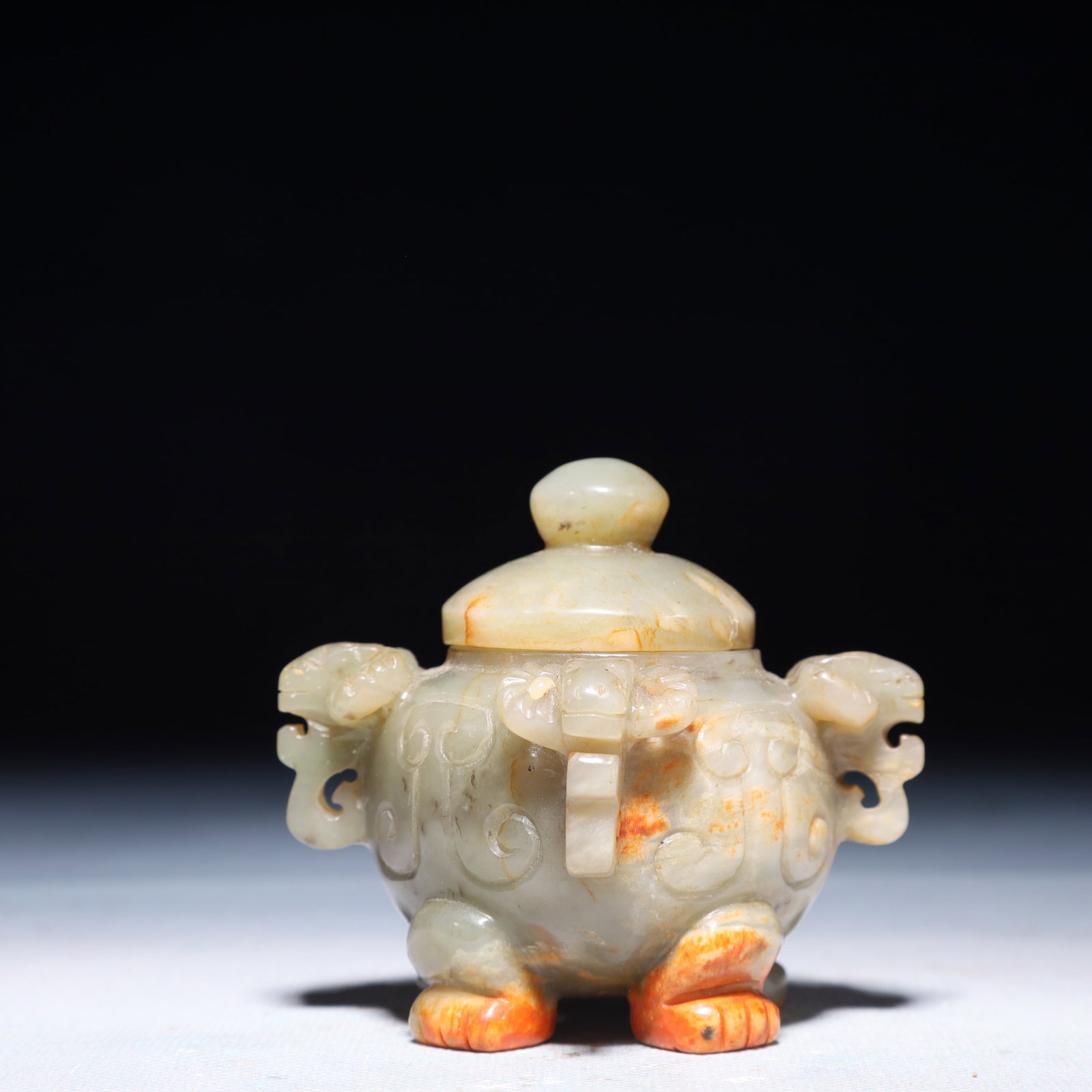 An Exquisite White Jade Beast-Ears Jar with Cover: An Exquisite White Jade Beast-Ears Jar with Cover,Qing Dynasty,China,Size:2.4inx3in,Weight:250g 白玉兽耳盖罐,中国清代