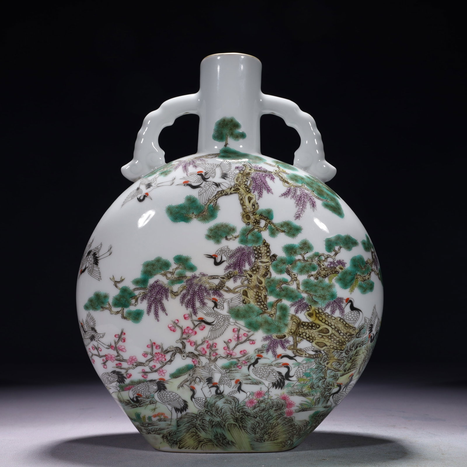 An Exquisite Famille-Rose Pine and Crane Pattern Double-Ears Vase,with poem: An Exquisite Famille-Rose Pine and Crane Pattern Double-Ears Vase,with poem,Qing Dynasty,China,Yongzheng Four-character Mark,Size:7.9inx3.1inx10.6in,Weight:1650g 粉彩松鹤ಬ
