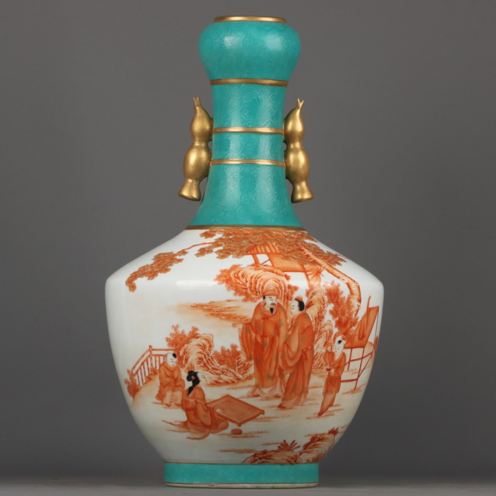 A Huge Ruby Red-Glazed Gilt Character and Story Pattern Double-Ears Vase,with poem: A Huge Ruby Red-Glazed Gilt Character and Story Pattern Double-Ears Vase,with poem,Qing Dynasty,China,Qianlong Six-character Mark,Size:21.7inx11.8in 胭脂红鎏金人