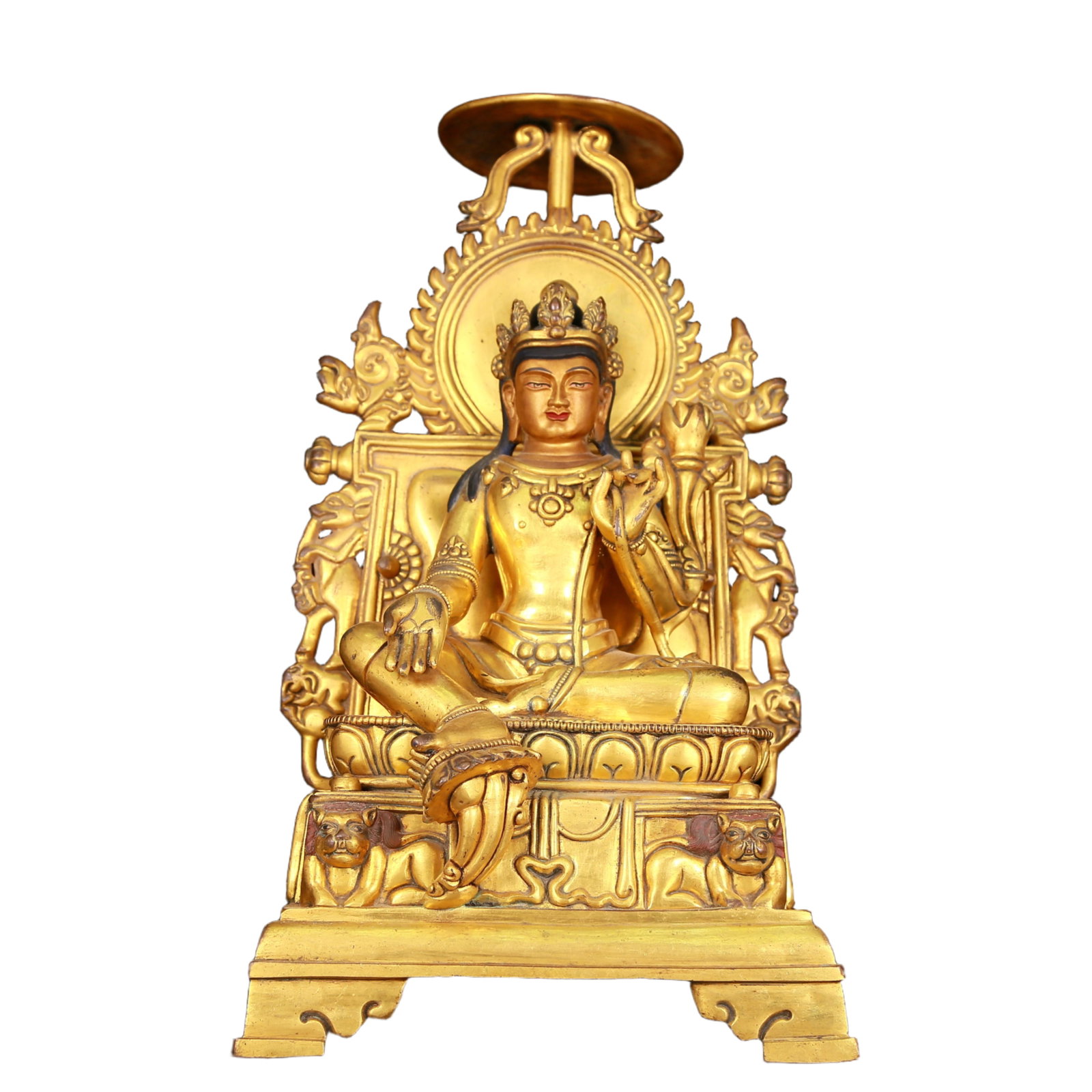 A huge gilt-bronze green Tara statue: huge gilt-bronze green Tara statue with an inscription, Ming Dynasty, China, with an elegant posture and a peaceful and compassionate expression. Her face is soft and solemn, and her eyes are warm, as