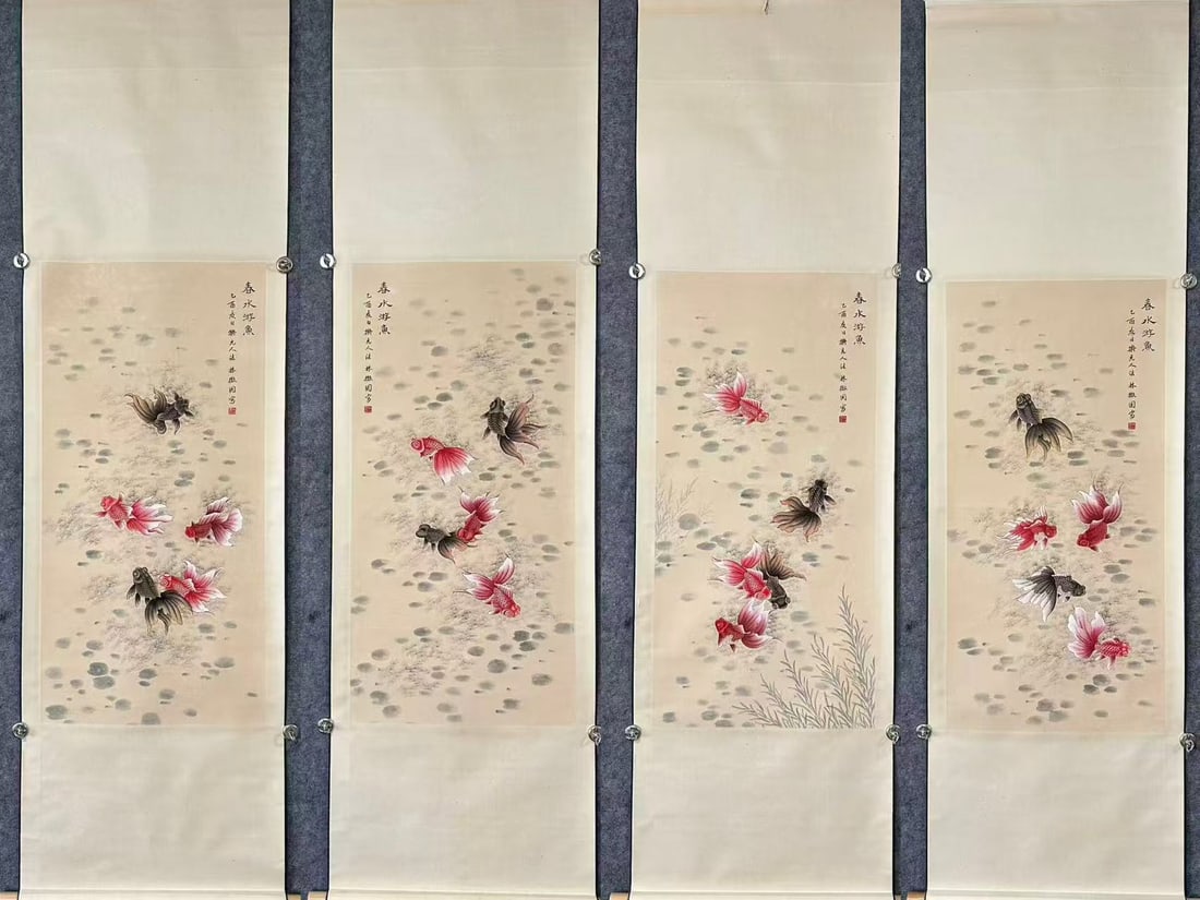 A Set of Chinese Vertical Scroll Ink Painting of Goldfish on Paper,Lin Huiyin: A Set of Chinese Vertical Scroll Ink Painting of Goldfish on Paper,Lin Huiyin,Size:(Without frame)18.9inx39in*4 一套中国水墨金鱼图立轴