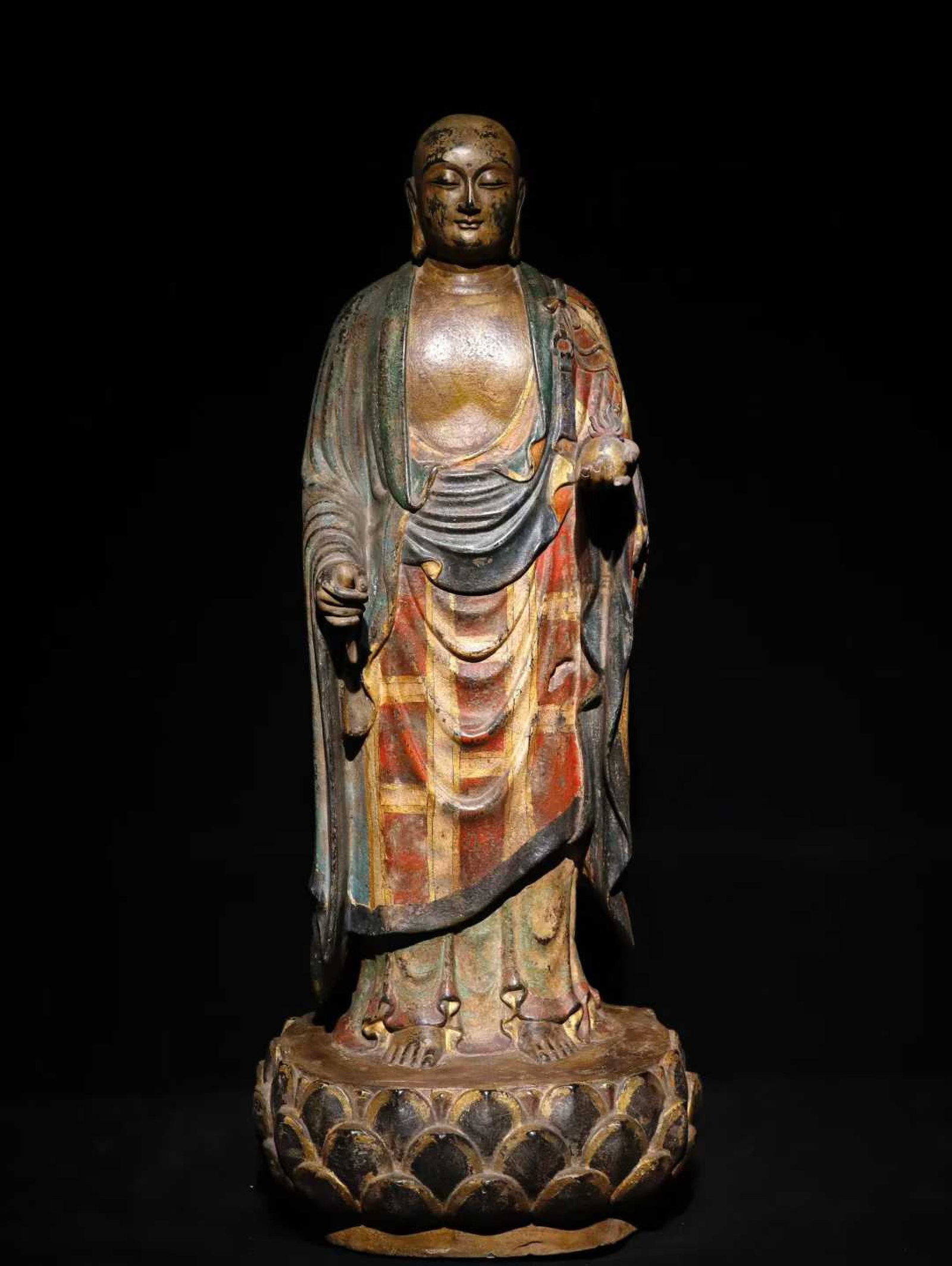A Solemn Limestone Painted Color Statue of Kshitigarbha Bodhisattva: A Solemn Limestone Painted Color Statue of Kshitigarbha Bodhisattva,Ming Dynasty,China,Size:39.4inx16.5inx14.2in 青石彩绘地藏王像,中国਴