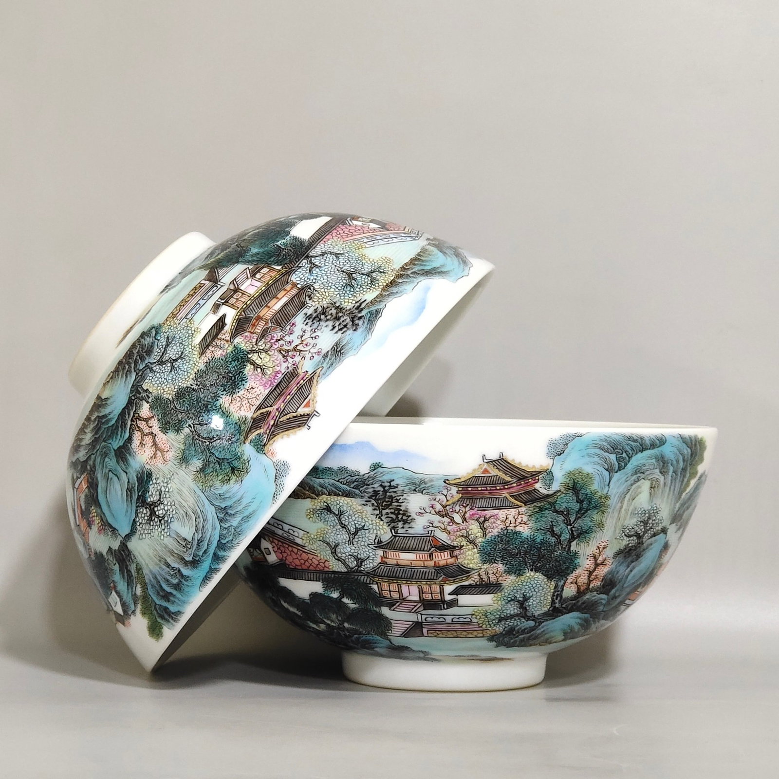 A Pair of Exquisite Enamel Landscape and Figure Pattern Bowls (1 of 9)