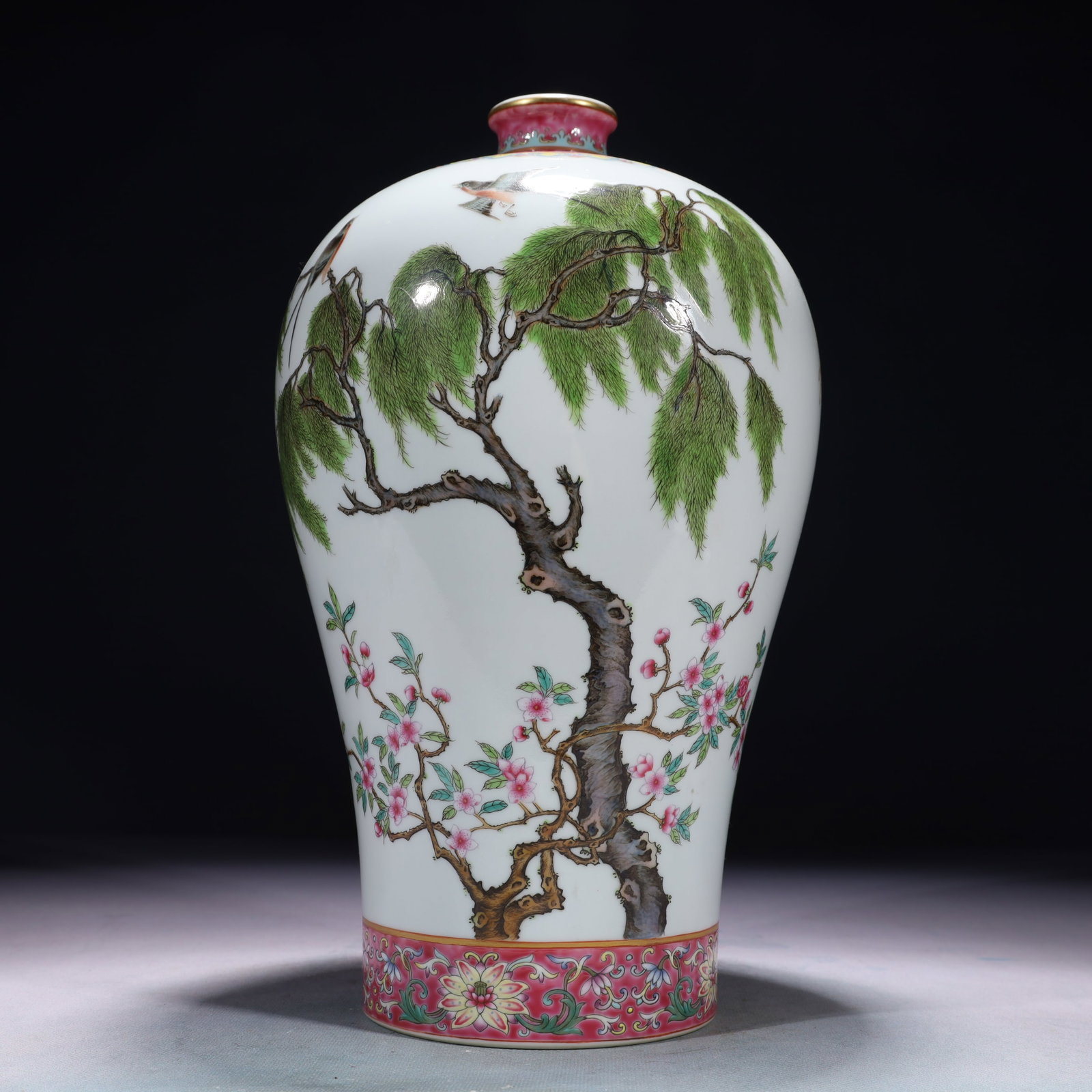 An Exquisite Famille-Rose Flower and Bird Pattern Vase,with poem: An Exquisite Famille-Rose Flower and Bird Pattern Vase,with poem,Qing Dynasty,China,Yongzheng Six-character Mark,Size:6.7inx12.6in,Weight:2600g 粉彩花鸟纹瓶,带