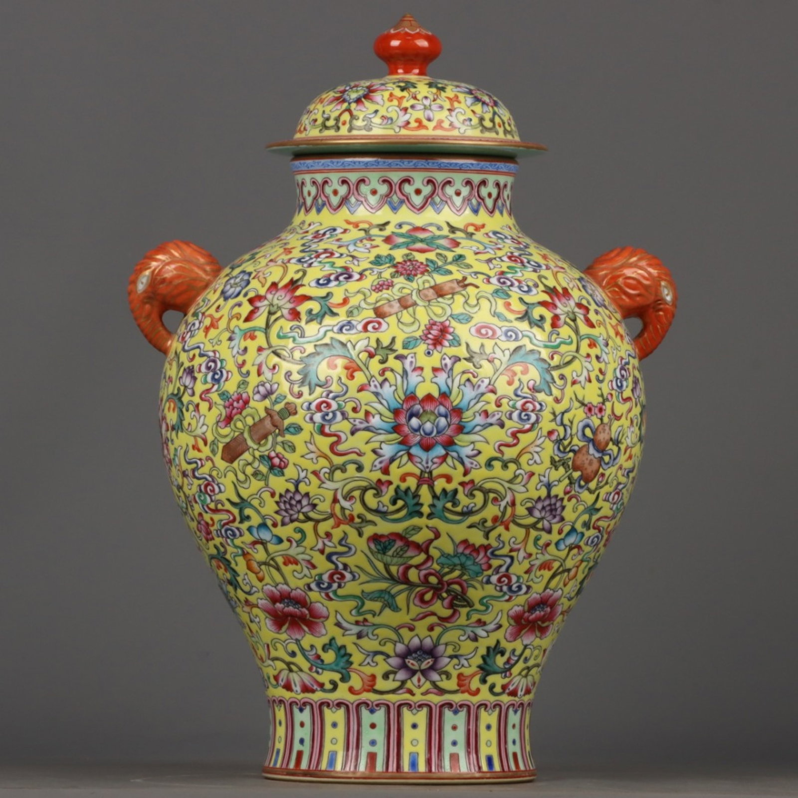 A Rare Enamel Gilt Lotus Pattern Elephant-Ears Jar with Cover: A Rare Enamel Gilt Lotus Pattern Elephant-Ears Jar with Cover,Qing Dynasty,China,Qianlong Six-character Mark,Size:13.2inx13in 珐琅彩鎏金缠枝莲纹&#