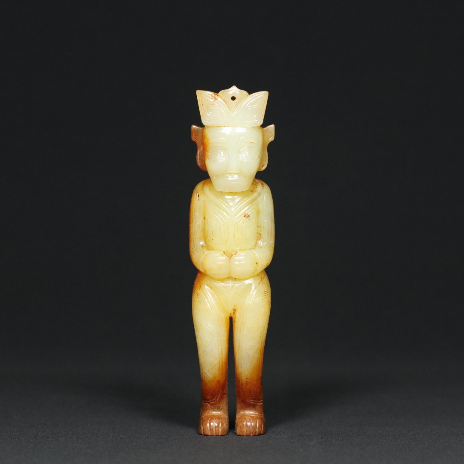 An Exquisite White Jade Figure Ornament: An Exquisite White Jade Figure Ornament,Western Zhou Dynasty,China,Size:4.8inx1.2inx0.8in,Weight:96.2g 白玉人物摆件,中国西周时期