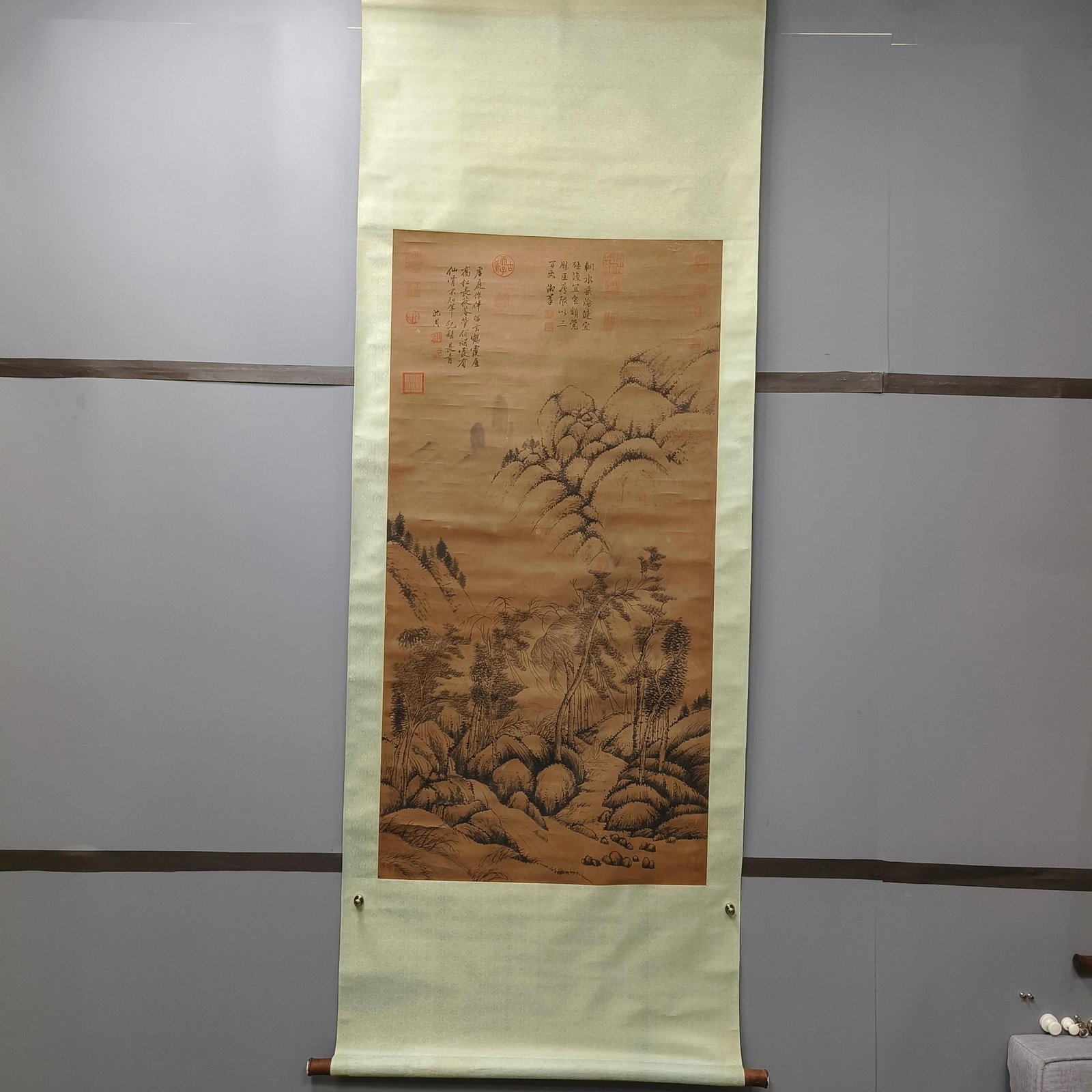 A Chinese Vertical Scroll Ink Painting of Landscape on Paper: A Chinese Vertical Scroll Ink Painting of Landscape on Paper,Shen Zhou,Size:52.4inx26.4in 一幅中国水墨山水画立轴,沈周