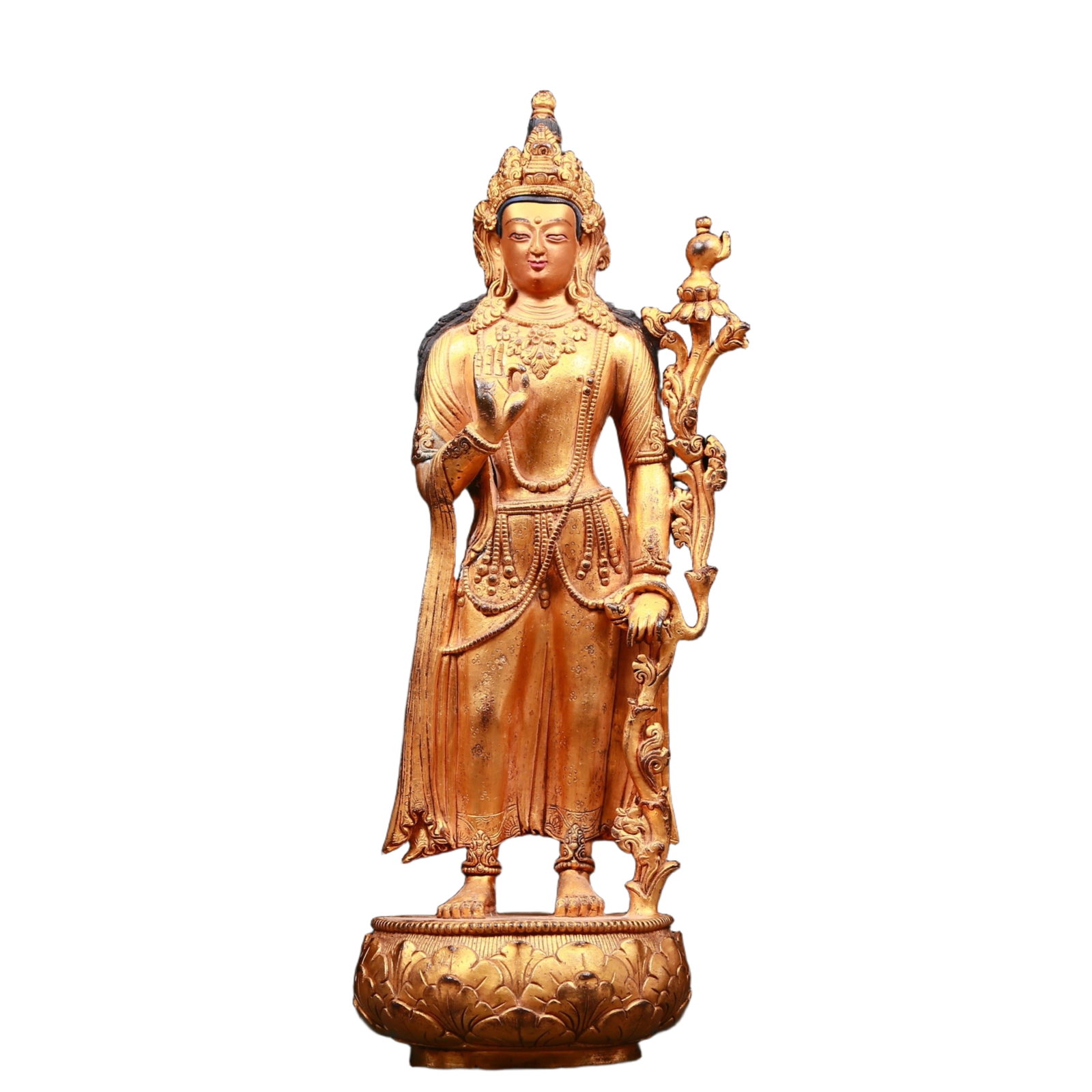 A stunning gilt bronze statue of Tara: stunning gilt bronze standing statue of Tara, Qing Dynasty, China. Tara has an elegant posture with a peaceful and compassionate expression. Her face is soft and solemn, and her eyes are warm. She see