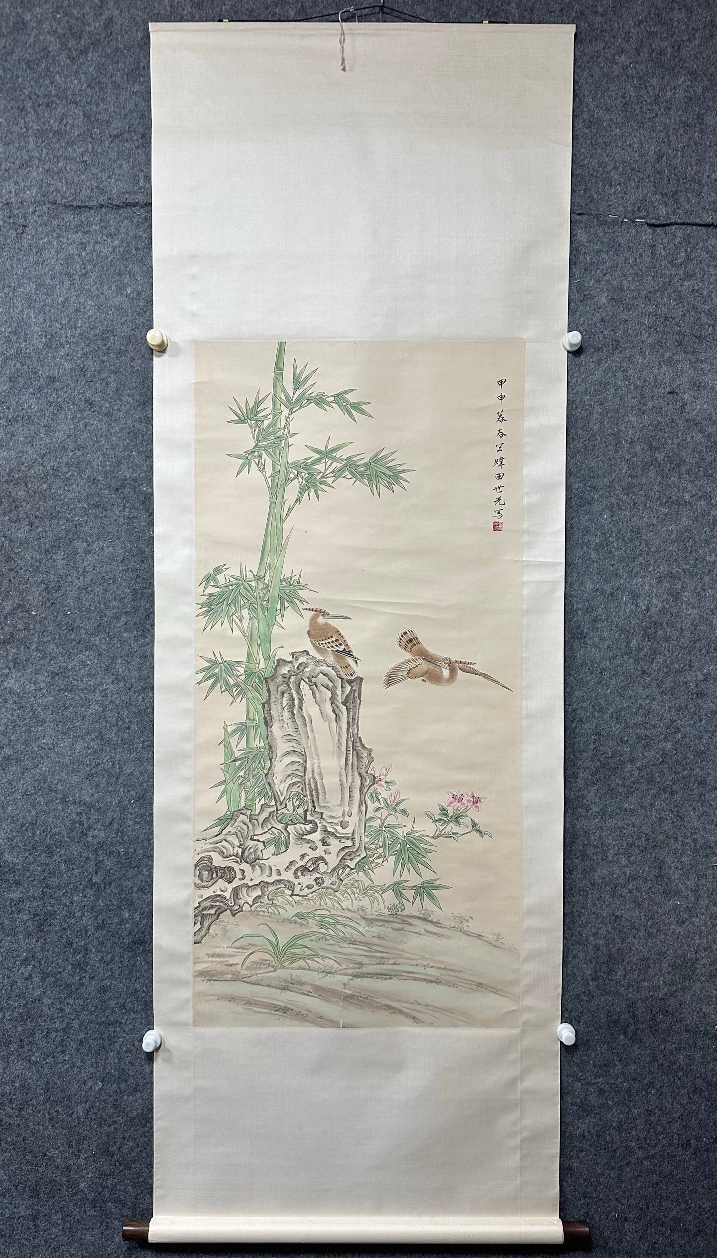A Chinese Vertical Scroll Ink Painting of Flower and Bird on Paper,Tian Shiguang: A Chinese Vertical Scroll Ink Painting of Flower and Bird on Paper,Tian Shiguang,Size:(Without frame)23.8inx49.6in 一幅中国水墨花鸟画立ů