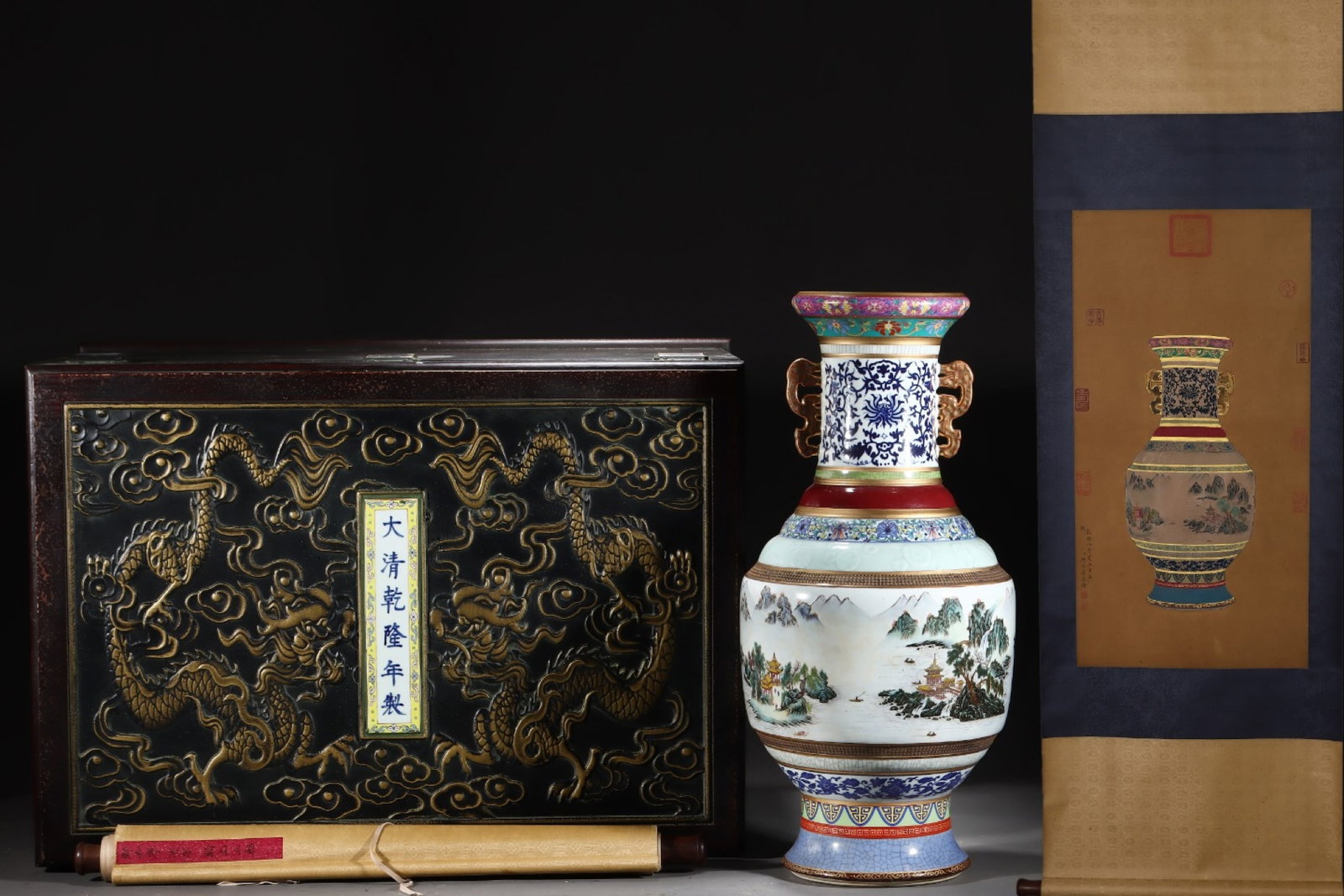 A Huge Famille-Rose Landscape Pattern Double-Ears Vase,with poem,with Chinese Vertical Scroll Ink: A Huge Famille-Rose Landscape Pattern Double-Ears Vase,with poem,with Chinese Vertical Scroll Ink Painting on Silk,Qing Dynasty,China,Qianlong Six-character Mark,Size:(Porcelain)24.6inx10.8in,(Without