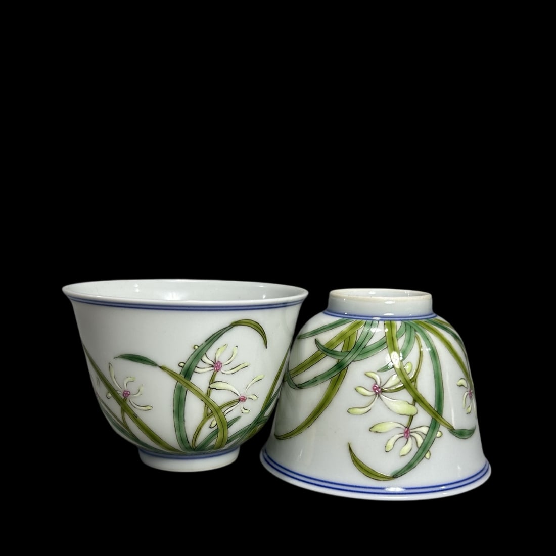 A Pair of Exquisite Famille-Rose Orchid Pattern Cups,with poem: A Pair of Exquisite Famille-Rose Orchid Pattern Cups,with poem,Qing Dynasty,China,Yongzheng Six-character Mark,Size:2inx2.6in