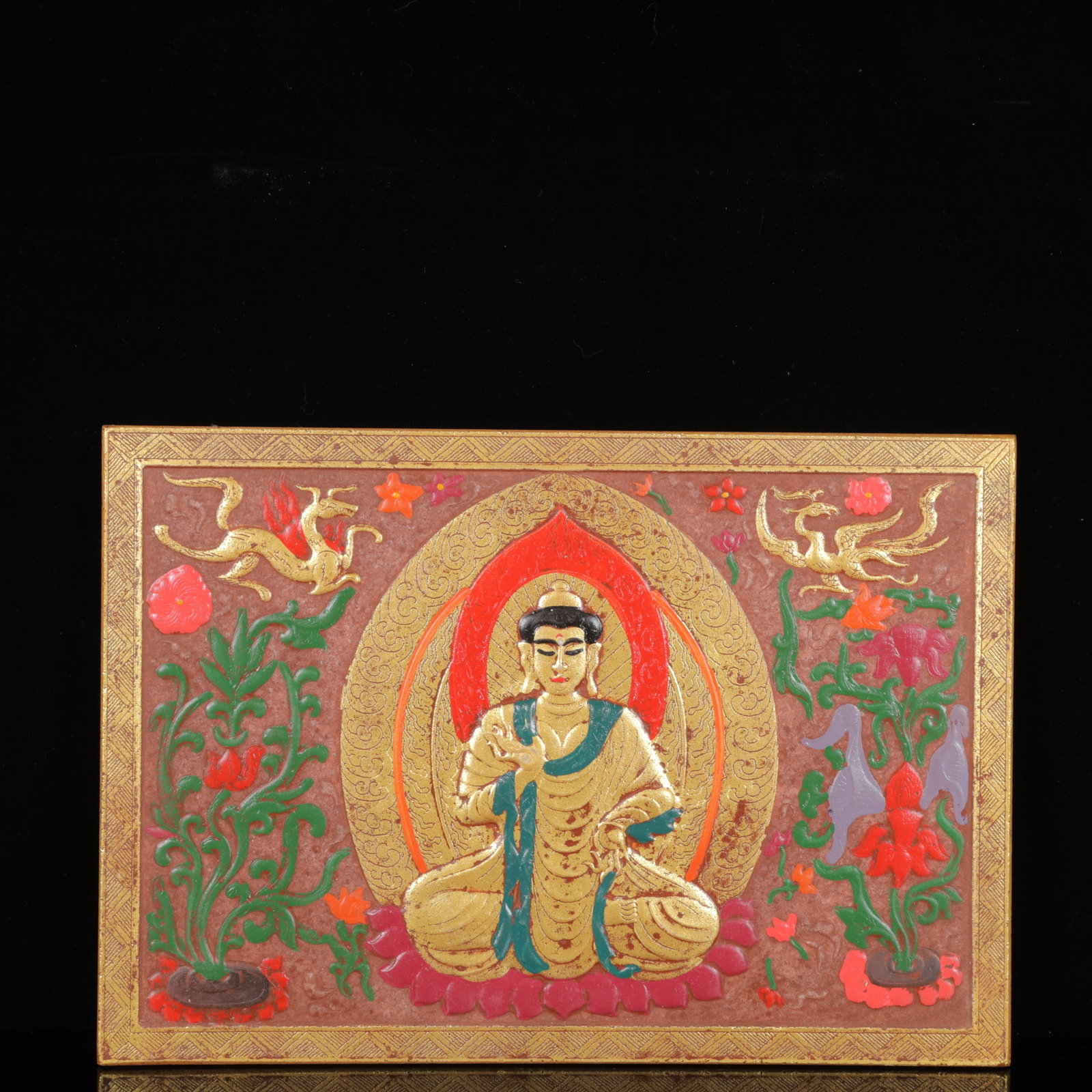 An Exquisite Yellow Jade Gilt Dragon and Phoenix Pattern Buddha Statue Ornament: An Exquisite Yellow Jade Gilt Dragon and Phoenix Pattern Buddha Statue Ornament,Qing Dynasty,China,Size:12.6inx0.6inx8.7in,Weight:2000g 黄玉鎏金龙凤纹佛
