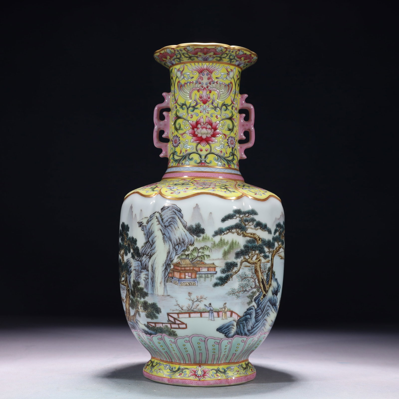 An Exquisite Yellow Ground Famille-Rose Painted Gold Landscape Pattern Vase,with poem: An Exquisite Yellow Ground Famille-Rose Painted Gold Landscape Pattern Vase,with poem,Qing Dynasty,China,Qianlong Six-character Mark,Size:6.3inx13.4in,Weight:2400g 黄地粉彩
