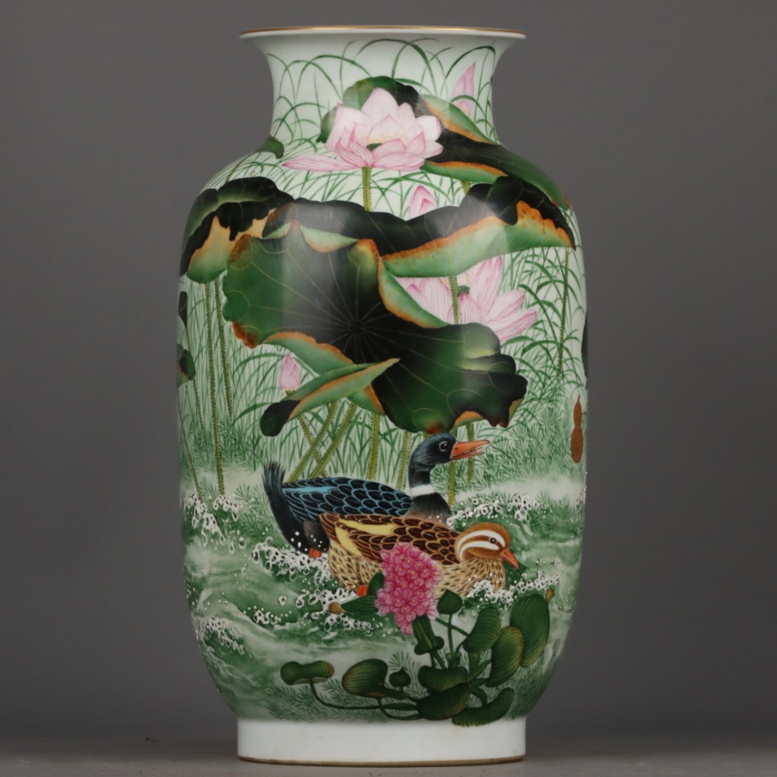 A Huge Enamel Flower and Mandarin Duck Pattern Vase,with poem: A Huge Enamel Flower and Mandarin Duck Pattern Vase,with poem,Qing Dynasty,China,Qianlong Six-character Mark,Size:16.1inx8.3in 珐琅彩花卉鸳鸯纹瓶,