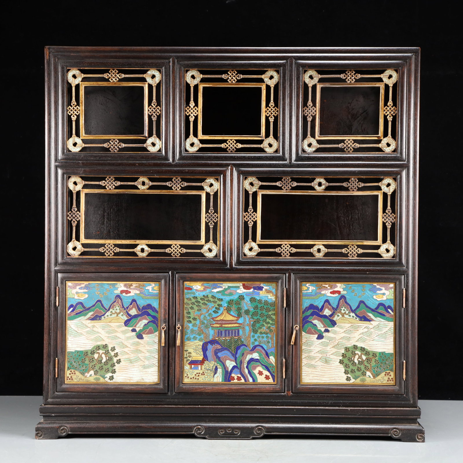 A Monumental Zitanwood Landscape Pattern Cabinet: A Monumental Zitanwood Landscape Pattern Cabinet,Qing Dynasty, China,Size:22inx7.7inx22.4in Weight:24000g 紫檀山水纹柜,中国清代