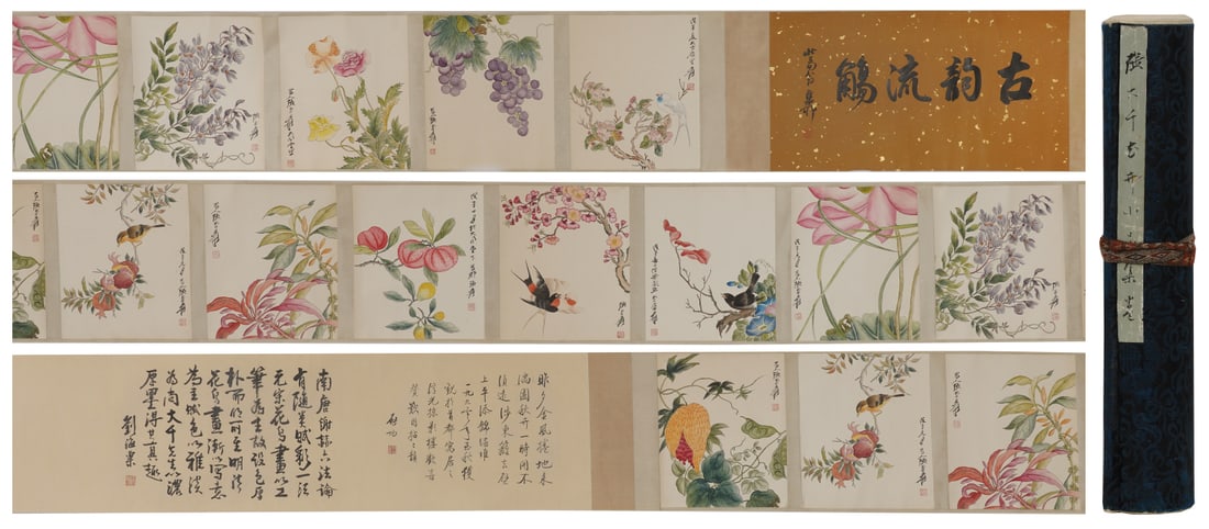 A Chinese Hand Scroll Ink Painting of Flower and Bird on Paper: A Chinese Hand Scroll Ink Painting of Flower and Bird on Paper,Zhang Daqian,Size:13.4inx218.5in 一幅中国水墨花鸟画手卷,张大