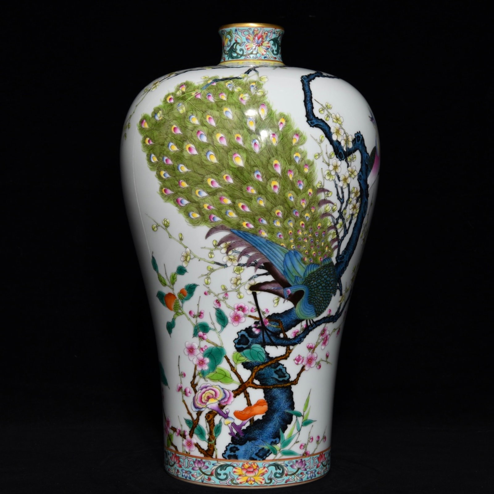 A Rare Famille-Rose Flower and Peacock Pattern Vase,with poem: A Rare Famille-Rose Flower and Peacock Pattern Vase,with poem,Qing Dynasty,China,Yongzheng Six-character Mark,Size:14.6inx8.5in 粉彩花卉孔雀纹瓶,带