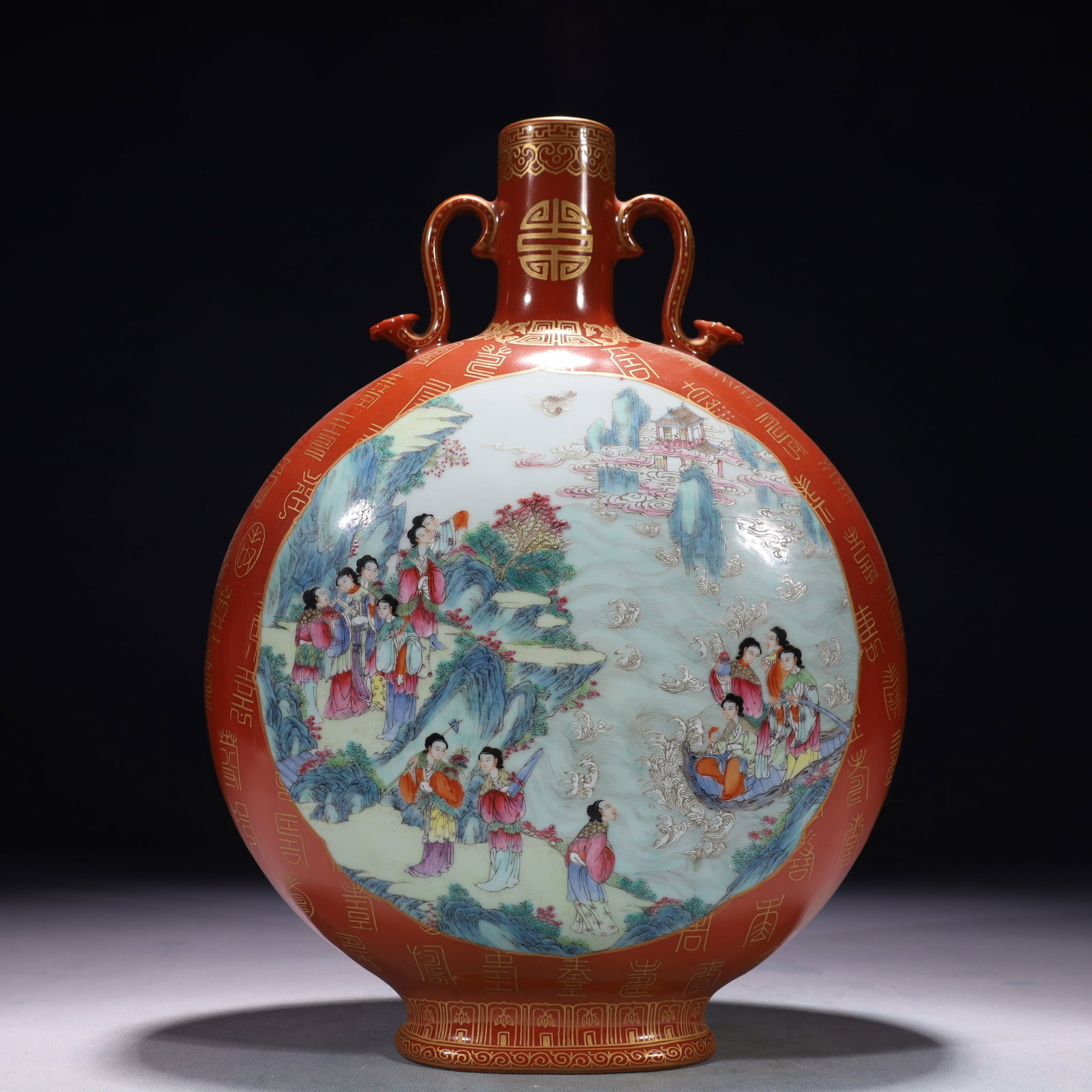 An Exquisite Red Ground Famille-Rose Painted Gold Character and Story Pattern Double-Ears Vase: An Exquisite Red Ground Famille-Rose Painted Gold Character and Story Pattern Double-Ears Vase,Qing Dynasty,China,Qianlong Six-character Mark,Size:9.4inx3.5inx13.4in,Weight:2850g 红地ľ