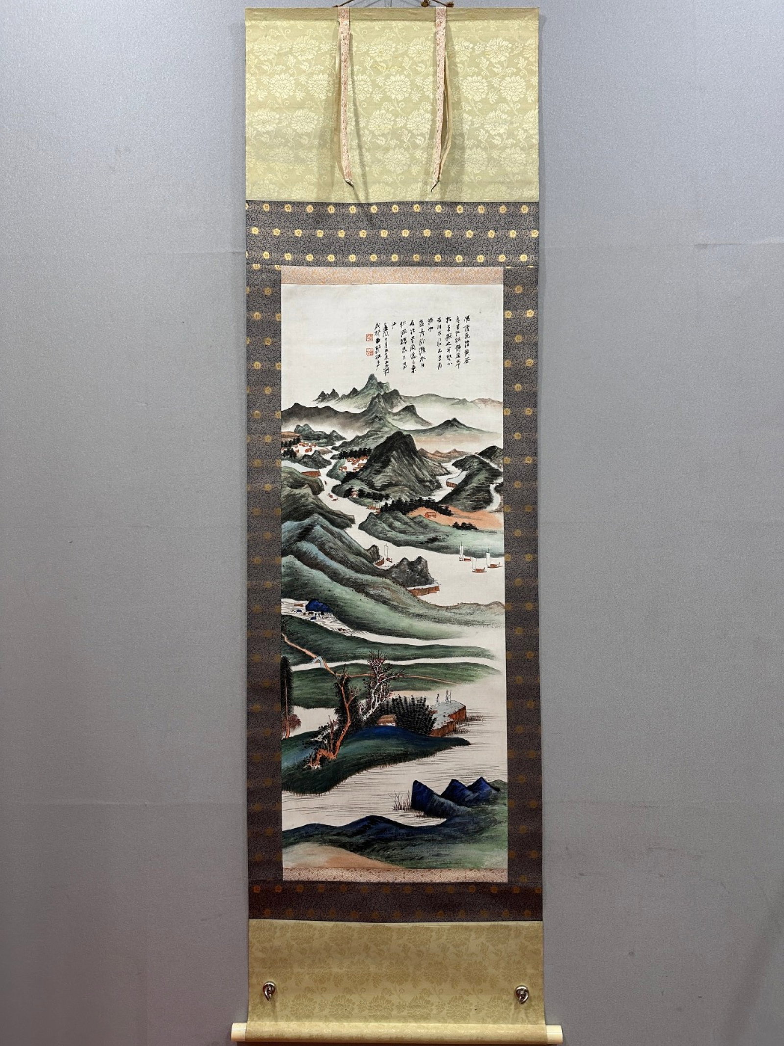 A Chinese Vertical Scroll Ink Painting of Landscape on Paper: A Chinese Vertical Scroll Ink Painting of Landscape on Paper,Zhang Daqian,Size:16.1inx41.3in 一幅中国水墨山水画立轴,张大&#