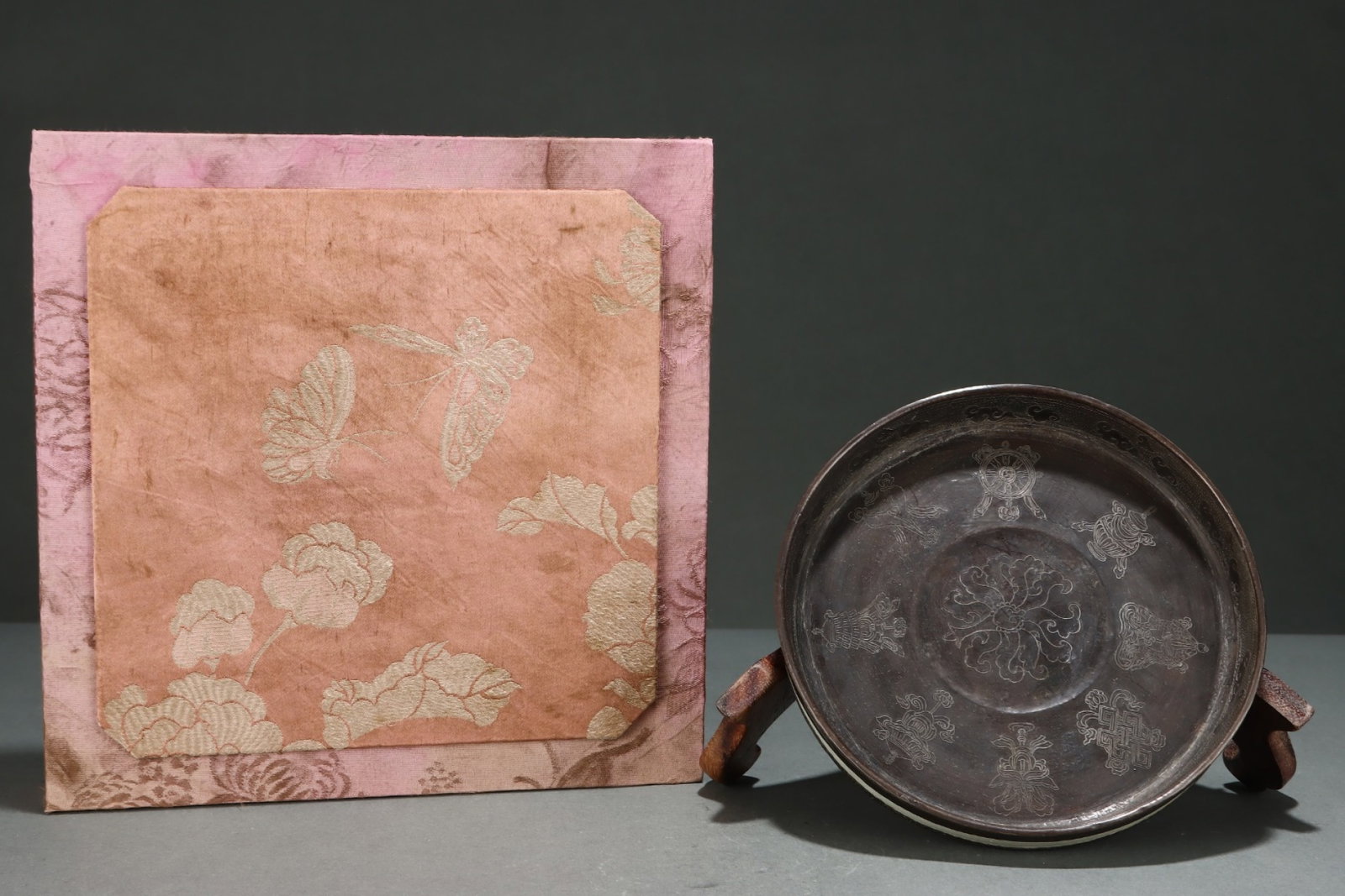 An Exquisite Ru yao Cover with Silver Eight Treasures Pattern Plate: An Exquisite Ru yao Cover with Silver Eight Treasures Pattern Plate,Song Dynasty,China,Size:1.1inx7.8in 汝窑包银八宝纹盘子,中国宋