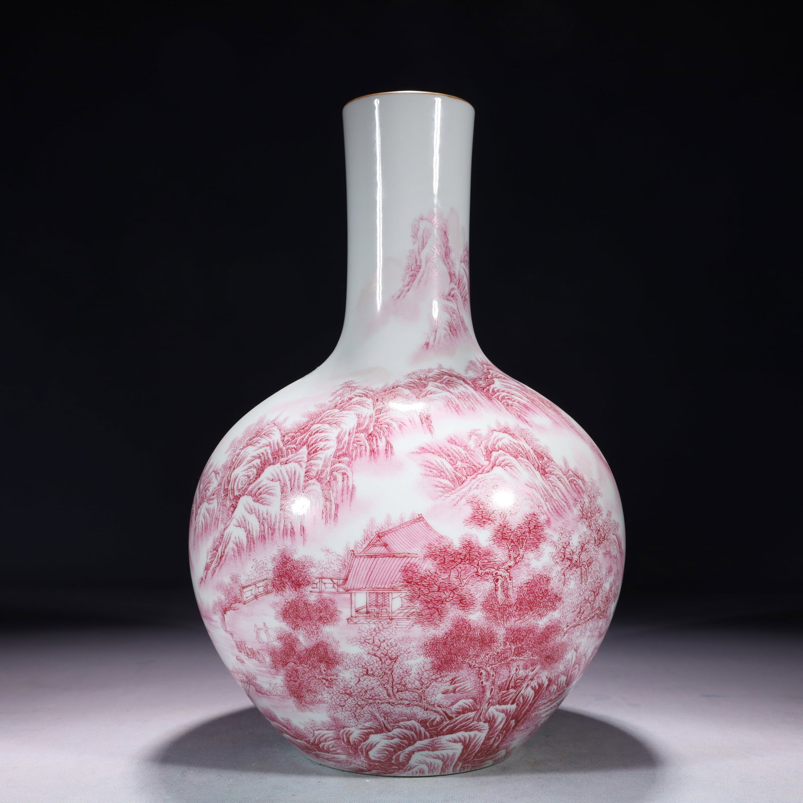An Exquisite Ruby Red-Glazed Landscape and Figure Pattern Vase,with poem: An Exquisite Ruby Red-Glazed Landscape and Figure Pattern Vase,with poem,Qing Dynasty,China,Yongzheng Six-character Mark,Size:7.9inx13.8in,Weight:2950g 胭脂红山水人