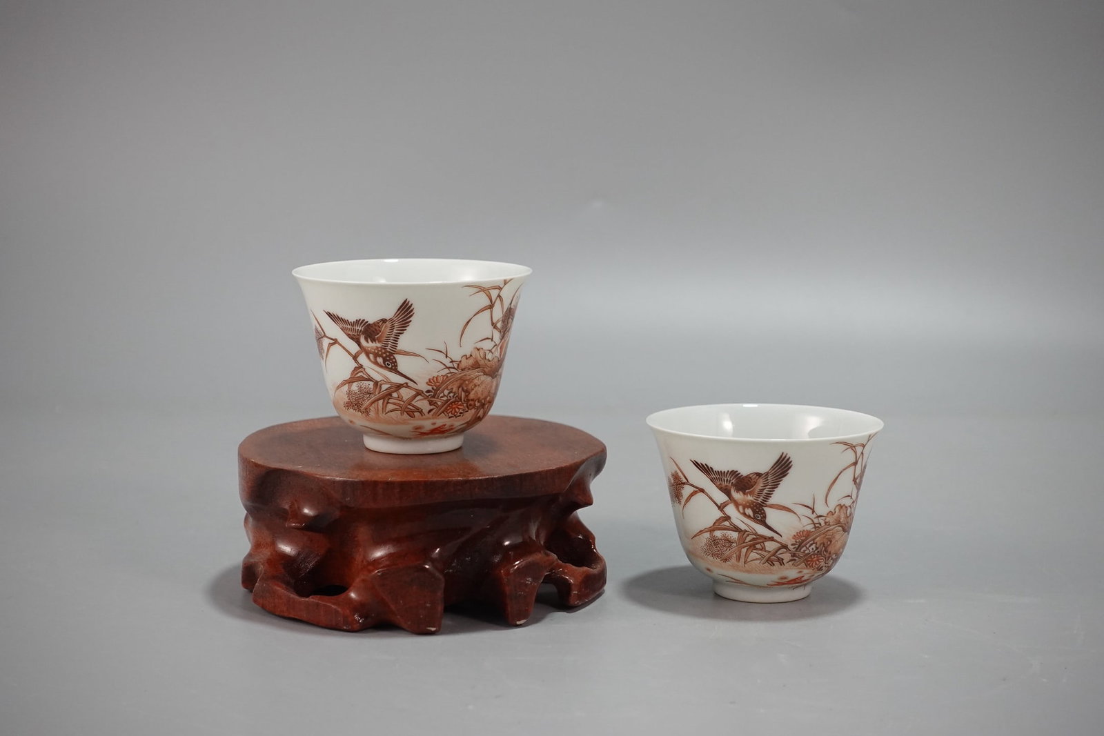 A Pair of Exquisite Ink Color Flower and Bird Pattern Cups,with poem: A Pair of Exquisite Ink Color Flower and Bird Pattern Cups,with poem,Qing Dynasty,China,Yongzheng Four-character Mark,Size:2inx2.7in 一对墨彩花鸟纹杯,&#