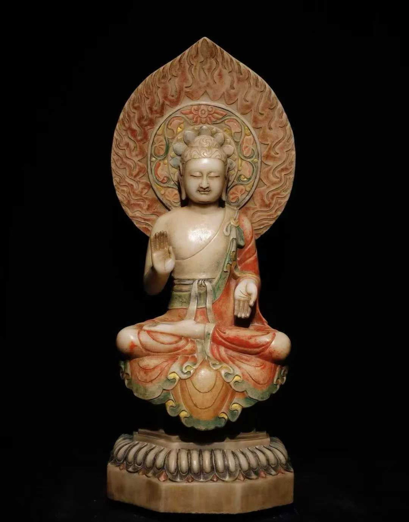 A Solemn Marble Painted Color Statue of Sakyamuni: A Solemn Marble Painted Color Statue of Sakyamuni,Tang Dynasty,China,Size:34.6inx14.2in 汉白玉彩绘释迦摩尼像,中国唐代