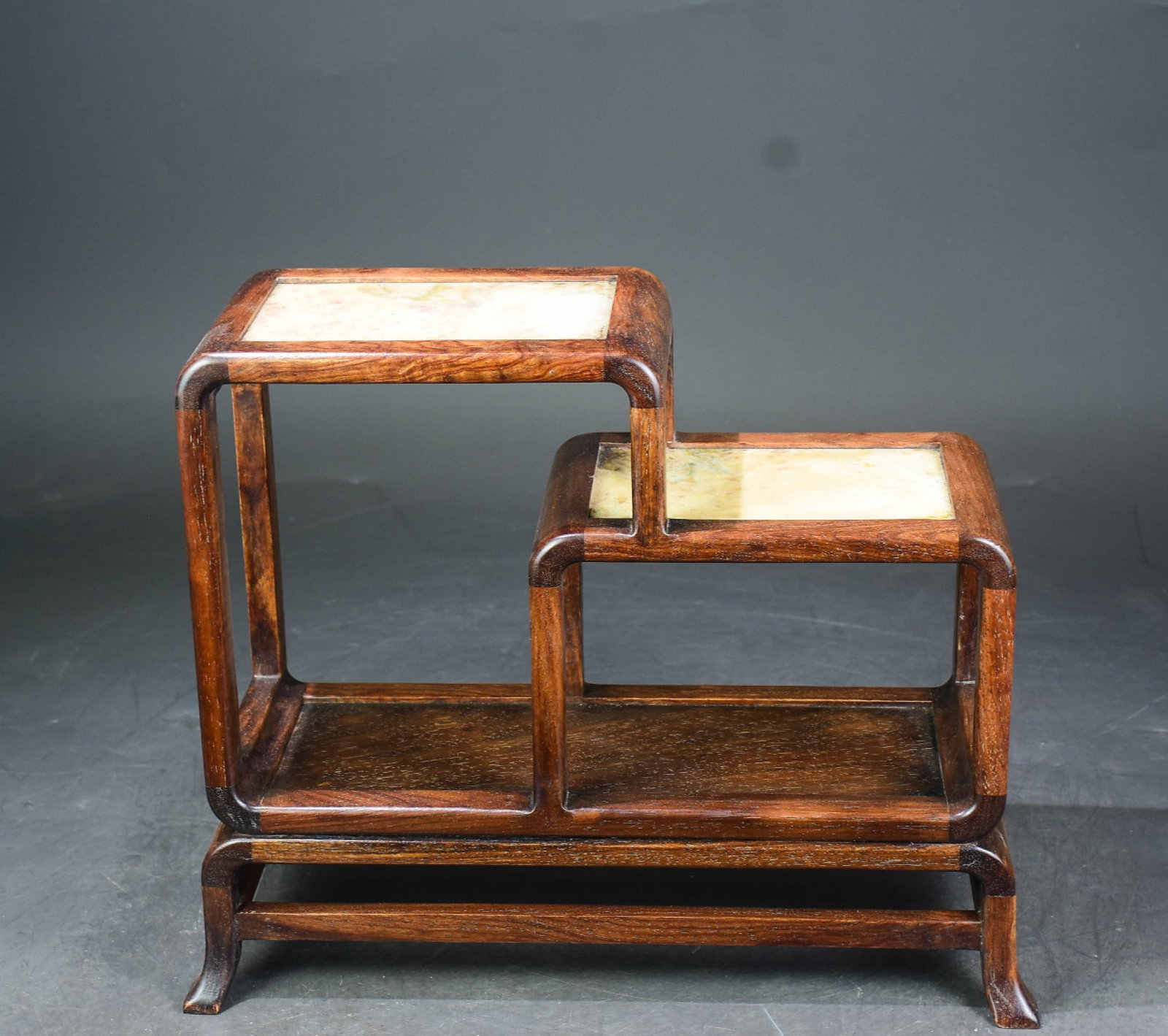 A Rare Huanghuali wood Inlaid Dolomite Curio Shelf: A Rare Huanghuali wood Inlaid Dolomite Curio Shelf,Qing Dynasty,China,Size:12.2inx15.4inx6.3in 黄花梨木镶云石博古架,中国清