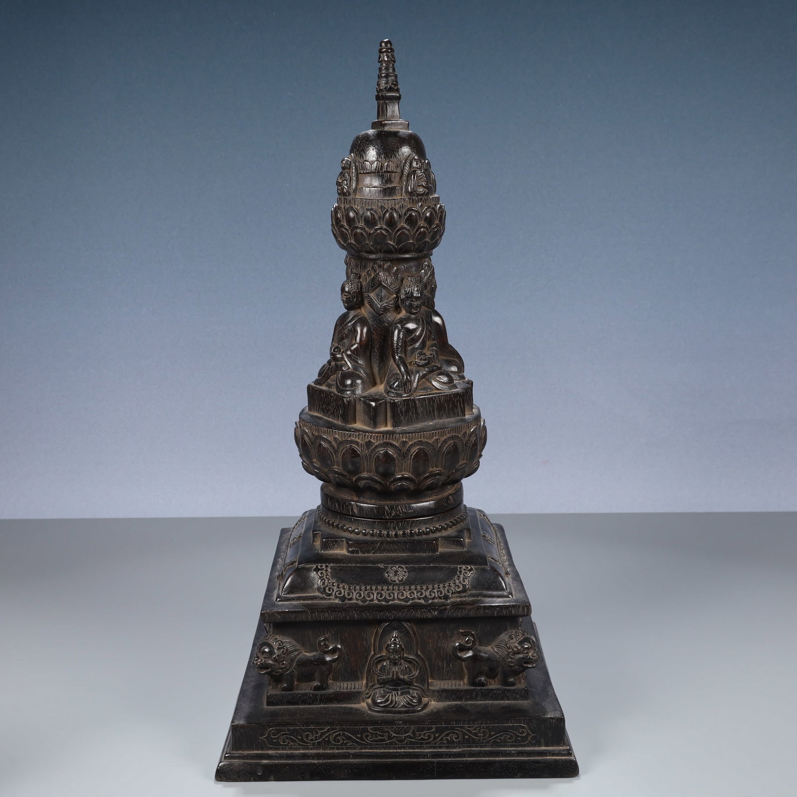 A Huge Zitanwood Pagoda,With Scriptures: A Huge Zitanwood Pagoda,With Scriptures,Qing Dynasty, China,Size:9.1inx18.9in,Weight:1900g 紫檀木佛塔,带经文,中国清代