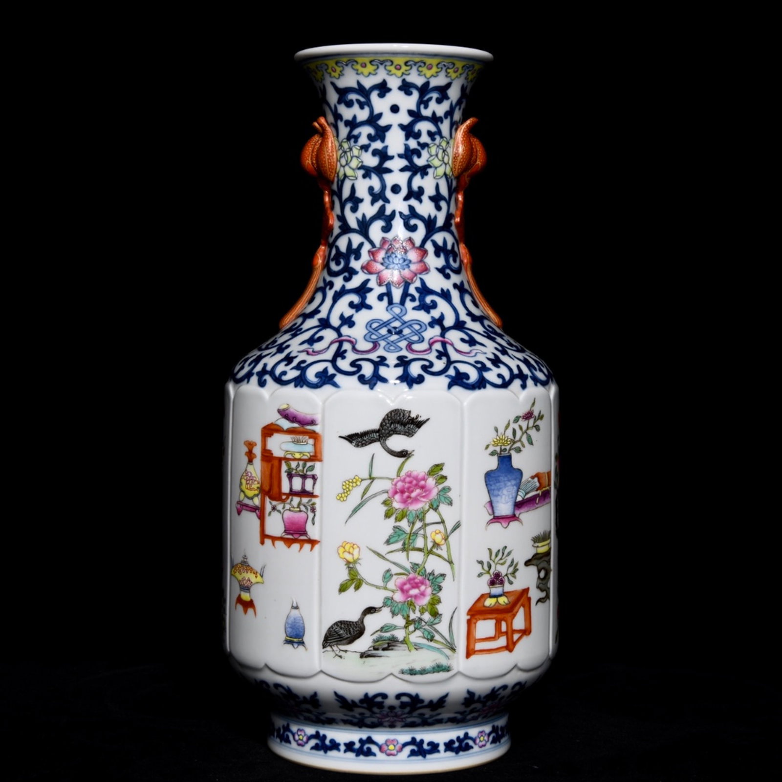 A Rare Blue and White Famille-Rose Flower Pattern Double-Ears Vase: A Rare Blue and White Famille-Rose Flower Pattern Double-Ears Vase,Qing Dynasty,China,Qianlong Six-character Mark,Size:12.6inx5.9in 青花粉彩花卉纹双 