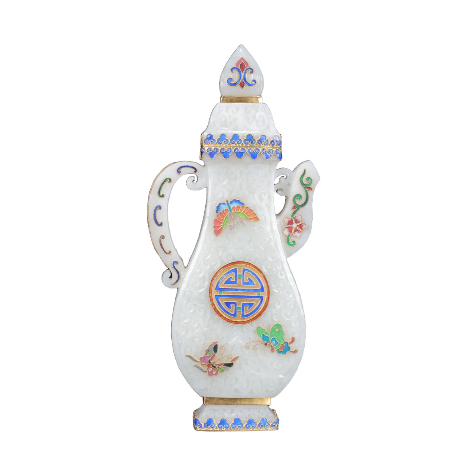 An Exquisite White Jade Cover with Gold Flower and Butterfly Pattern Ewer: An Exquisite White Jade Cover with Gold Flower and Butterfly Pattern Ewer,Qing Dynasty,China,Size:(Pot)4.3inx1.4inx9.4in,(Box)11.8inx7.9inx5.1in,Weight:791g 白玉包金花