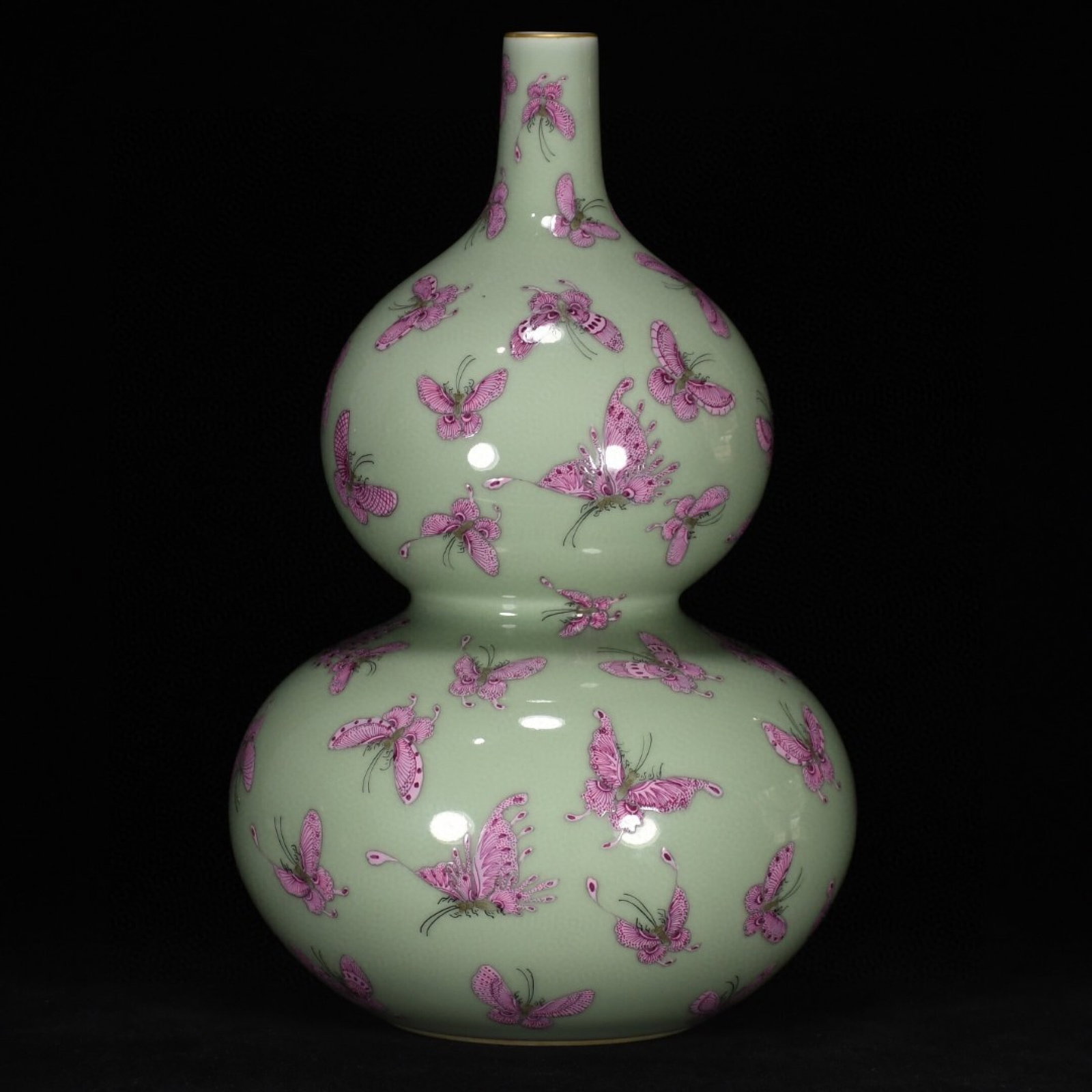 A Rare Celadon Glazed Jiacai Butterfly Pattern Gourd-Shaped Vase: A Rare Celadon Glazed Jiacai Butterfly Pattern Gourd-Shaped Vase,Qing Dynasty,China,Qianlong Six-character Mark,Size:12.6inx7.9in 青釉加彩蝴蝶纹葫ഐ