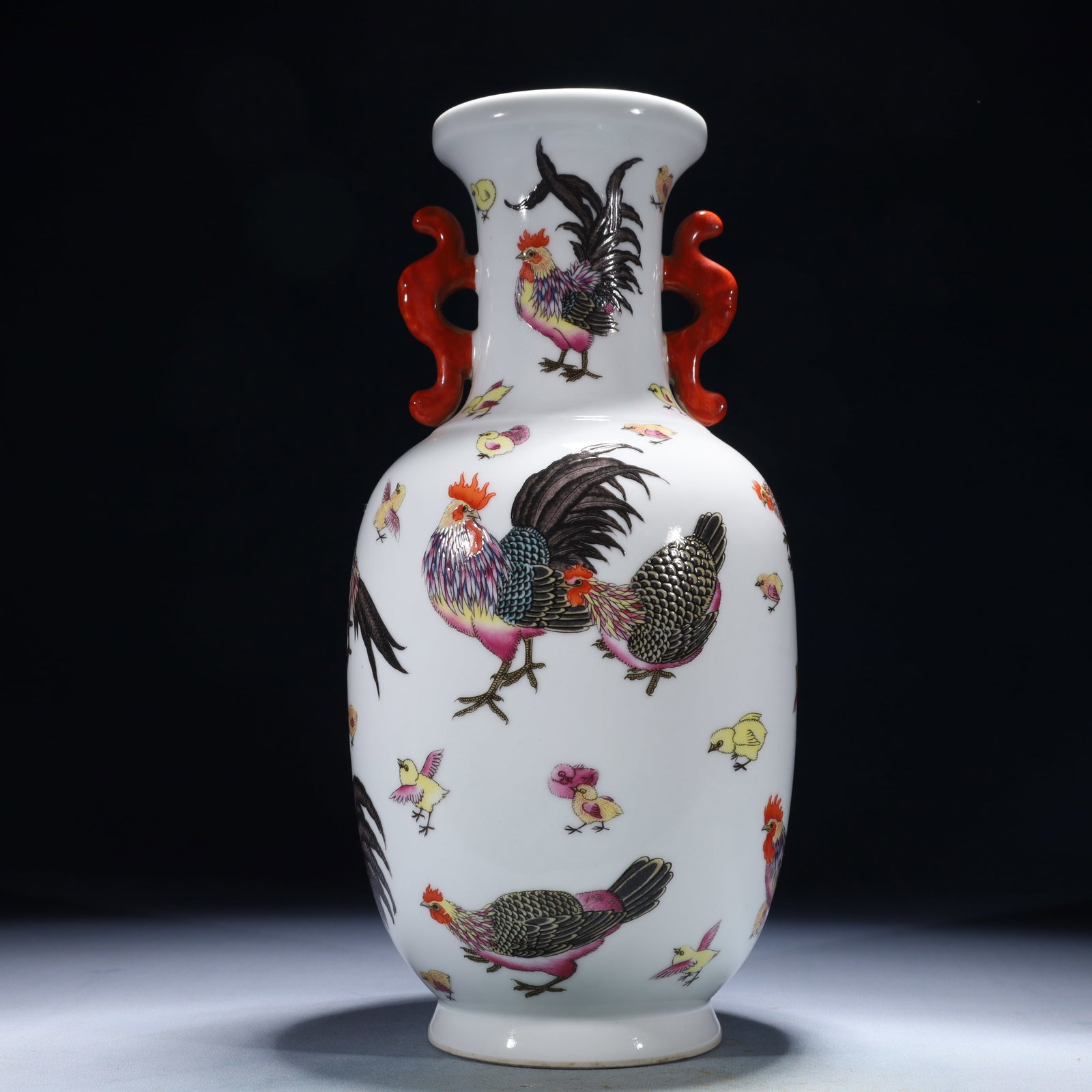 An Exquisite Famille-Rose Rooster Pattern Double-Ears Vase: An Exquisite Famille-Rose Rooster Pattern Double-Ears Vase,Qing Dynasty,China,Qianlong Six-character Mark,Size:5.1inx12.2in,Weight:1600g 粉彩鸡纹双耳瓶,ߑ