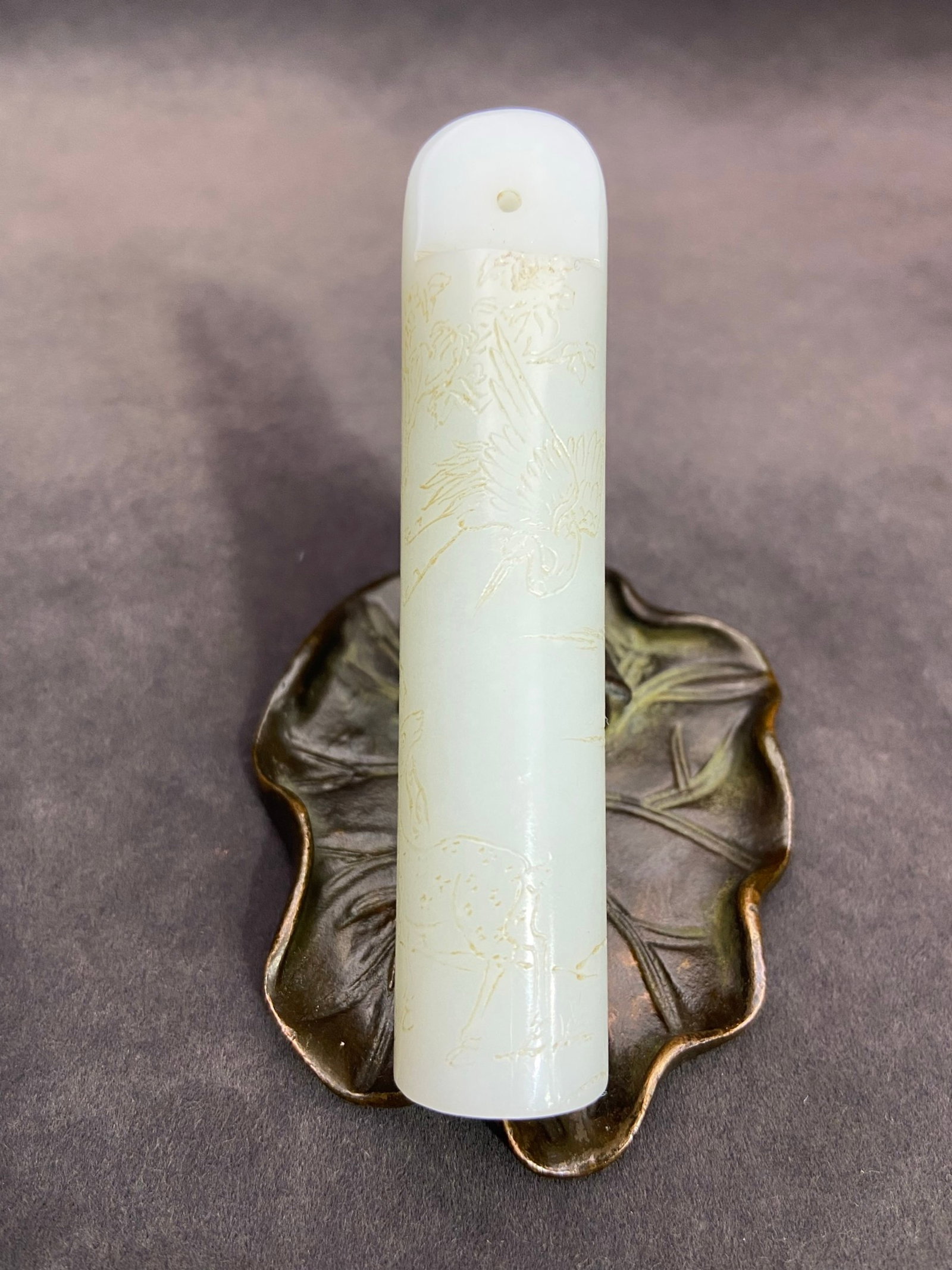 An Exquisite White Jade Deer and Crane Pattern Pendant,with poem: An Exquisite White Jade Deer and Crane Pattern Pendant,with poem,Qing Dynasty,China,Size:3.5inx0.7in,Weight:59g 白玉鹿鹤纹挂件,带诗文,ߑ
