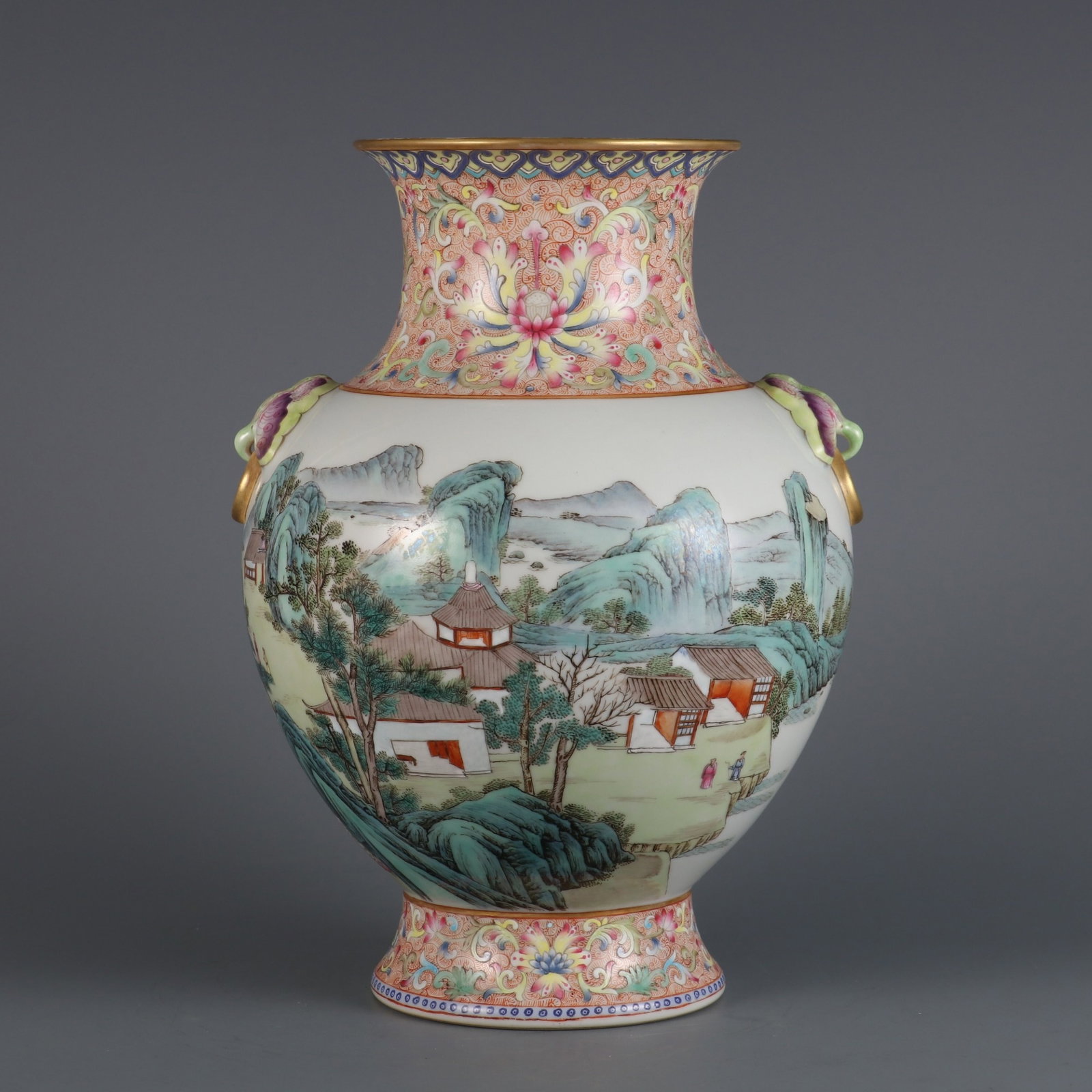 An Exquisite Famille-Rose Landscape and Figure Pattern Beast-Ears Vase: An Exquisite Famille-Rose Landscape and Figure Pattern Beast-Ears Vase,Qing Dynasty,China,Qianlong Six-character Mark,Size:10.2inx6.9in 粉彩山水人物纹兽