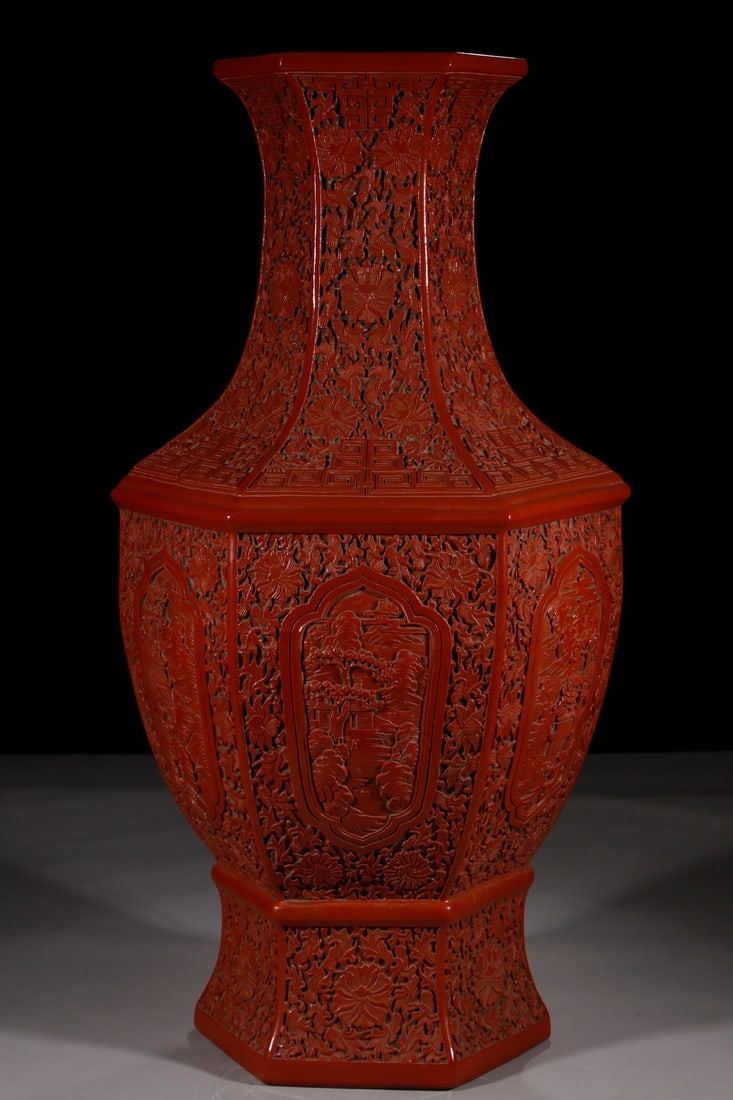 A Huge Imitation Carved-Red Lacquer Lotus and Landscape Pattern Porcelain Vase: A Huge Imitation Carved-Red Lacquer Lotus and Landscape Pattern Porcelain Vase,Qing Dynasty,China,Size:31.8in